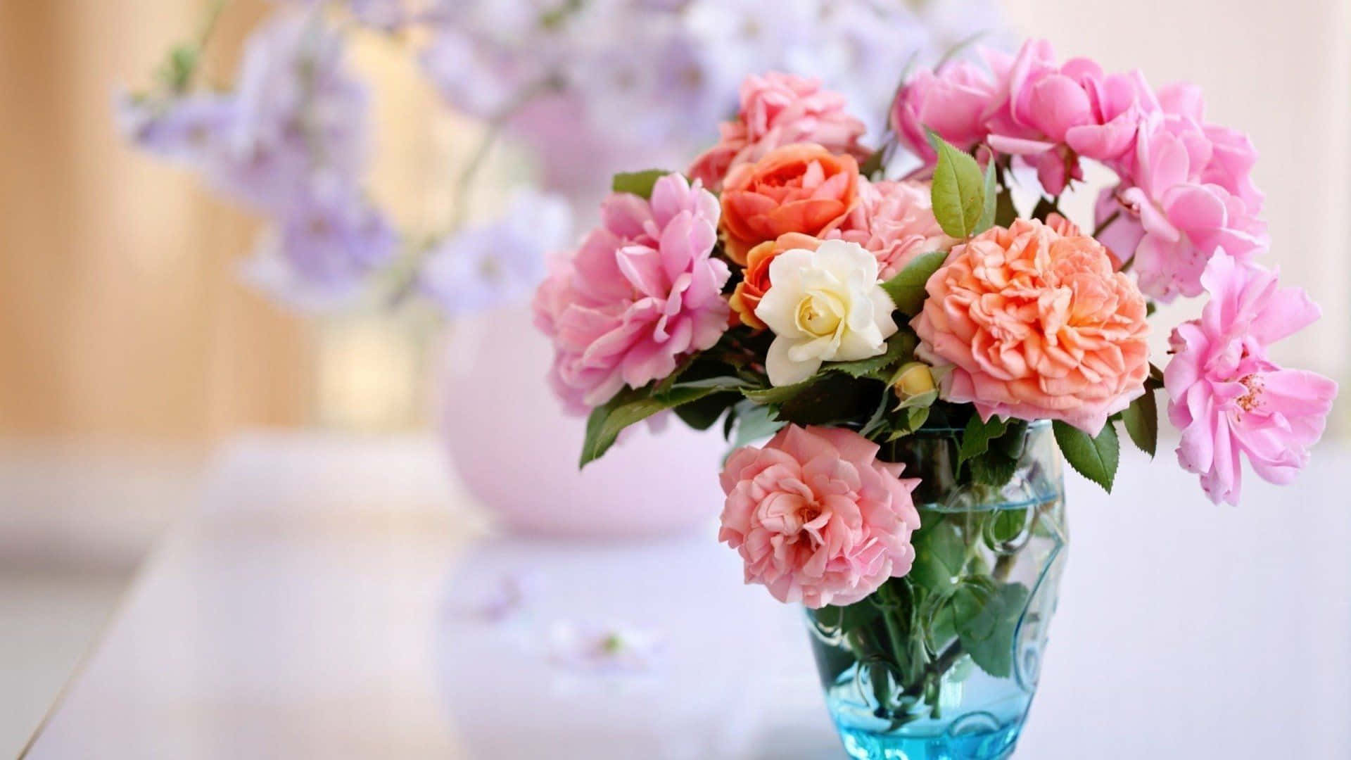 pink peach roses, white roses, blue glass vase, Full HD Desktop Wallpaper