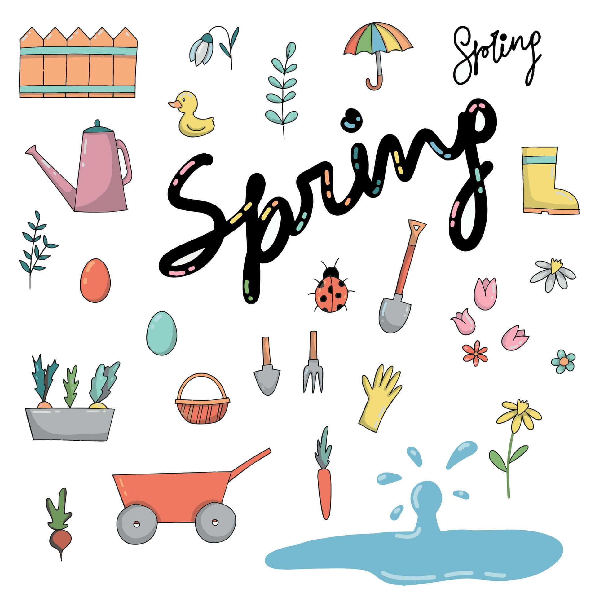 spring-themed doodle collage, gardening tools, flowers, Full HD Desktop Wallpaper