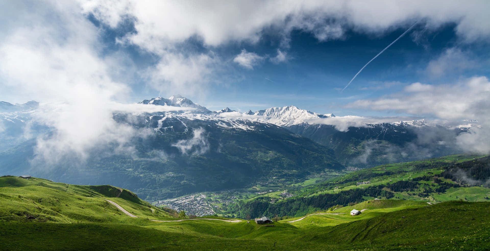 spring outdoors, green hills, snow-capped mountains, Full HD Desktop Wallpaper