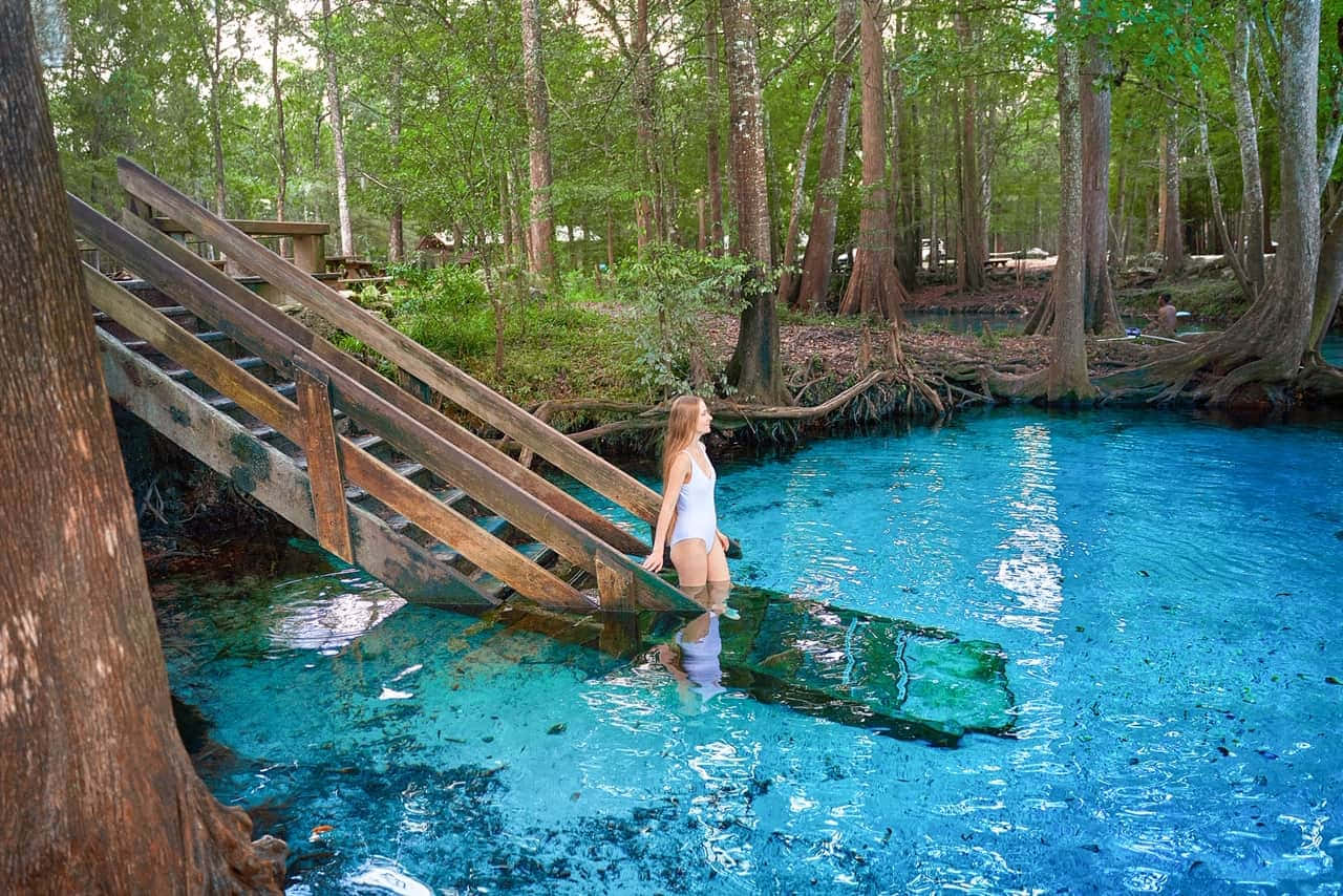 white swimsuit, vibrant turquoise spring, dense green forest, HD Desktop Wallpaper