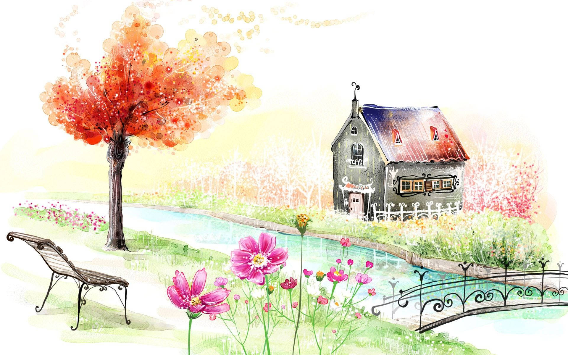 Spring Garden Paint Art, watercolor illustration, quaint house, Full HD Desktop Wallpaper