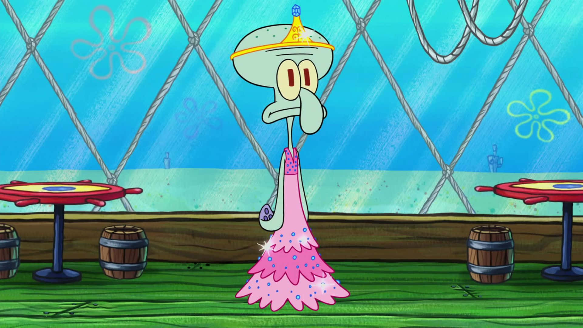 Squidward, pink sparkly gown, crown, Full HD Desktop Wallpaper