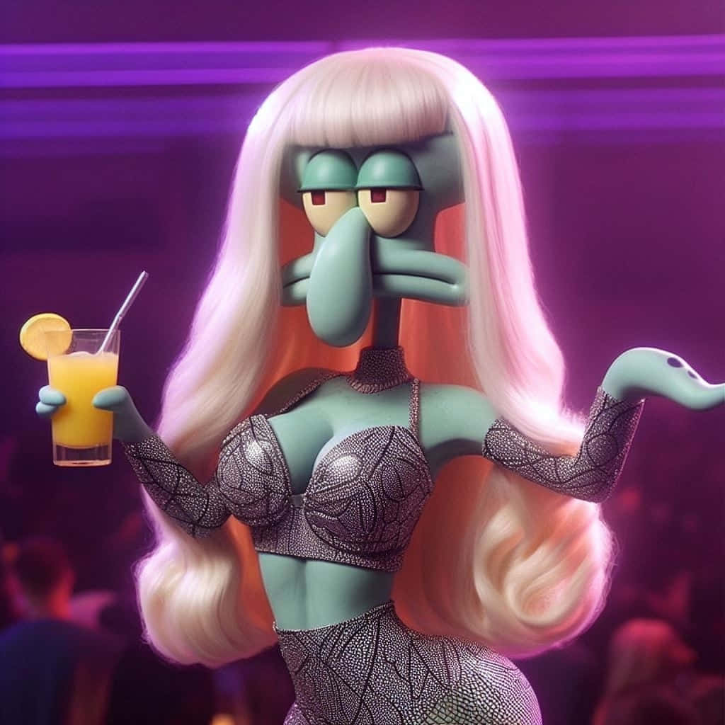 Squidward, glittering silver outfit, citrus drink, SD Desktop Wallpaper