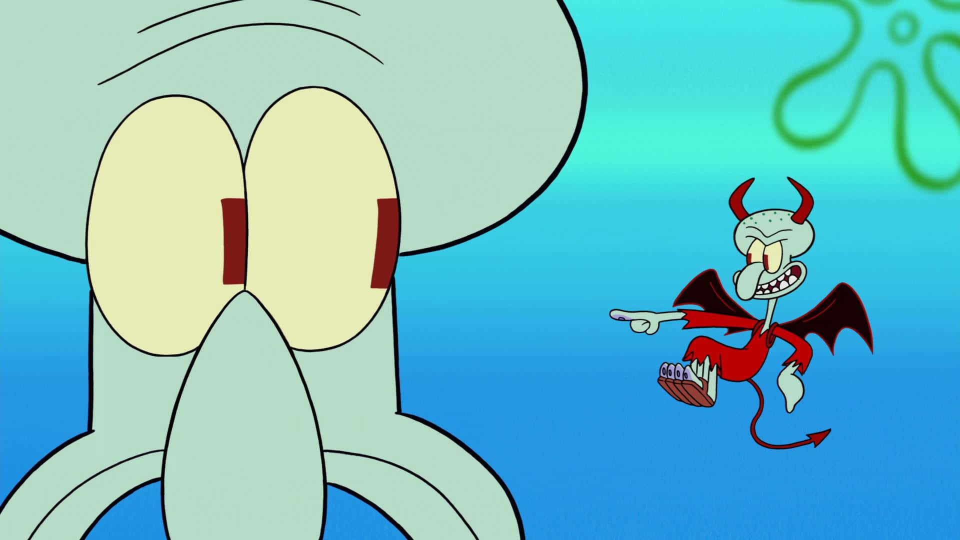 Squidward, tiny devilish version of himself, bright blue underwater scene, Full HD Desktop Wallpaper