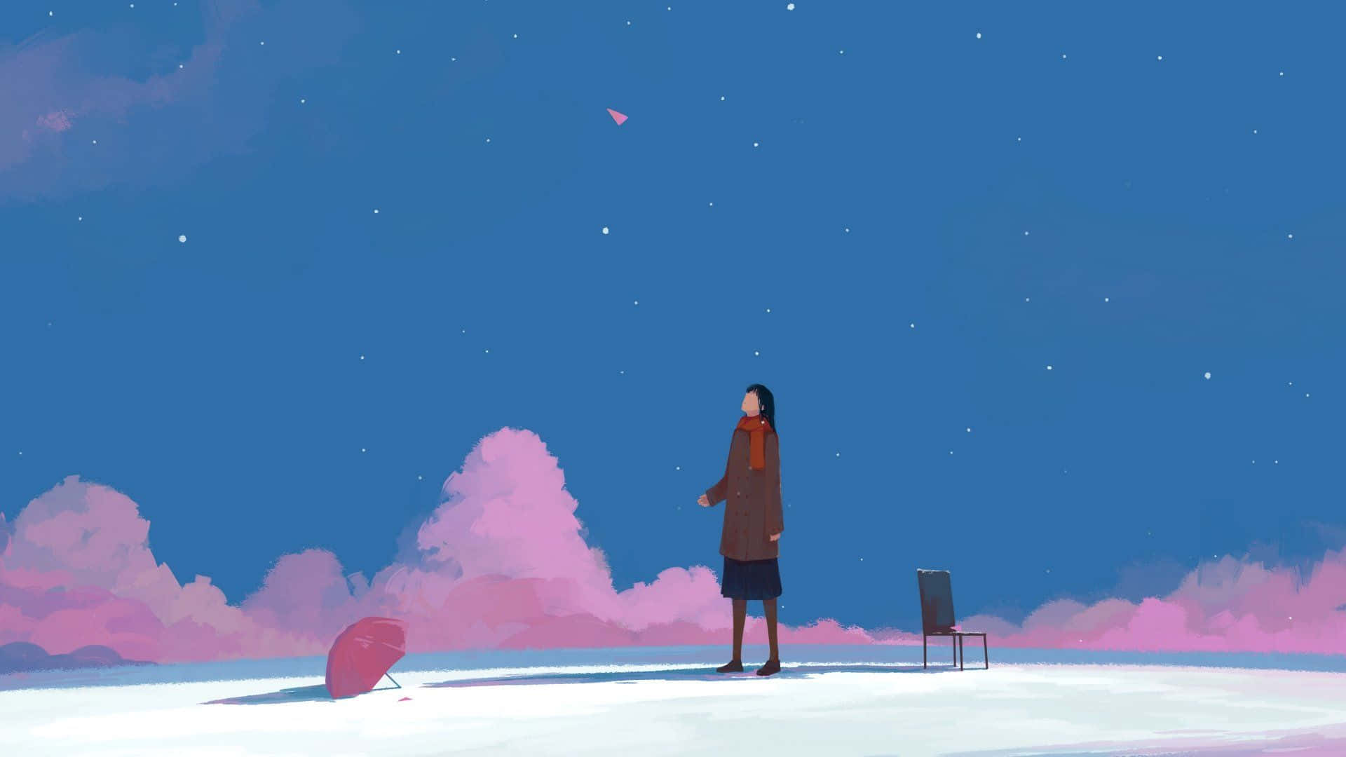 Aesthetic Girl In The Stars Laptop, starry blue sky, pink clouds, Full HD Desktop Wallpaper