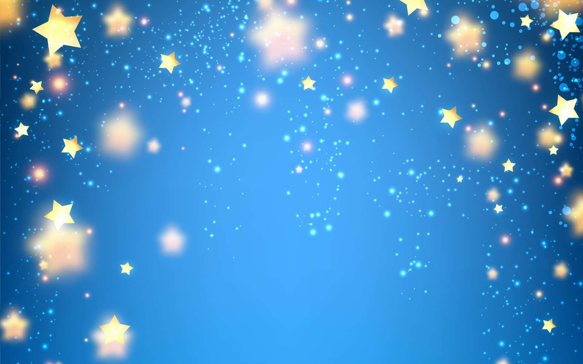vibrant blue background, glowing golden stars, sparkling particles, Full HD Desktop Wallpaper