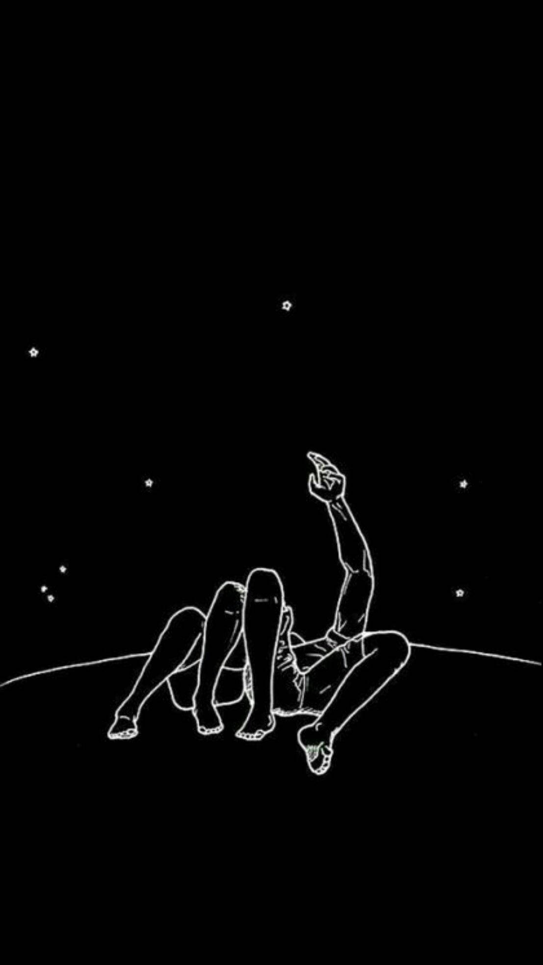 Star Gazing Dark Aesthetic, white line drawing, person lying on a curved horizon, Full HD Phone Wallpaper