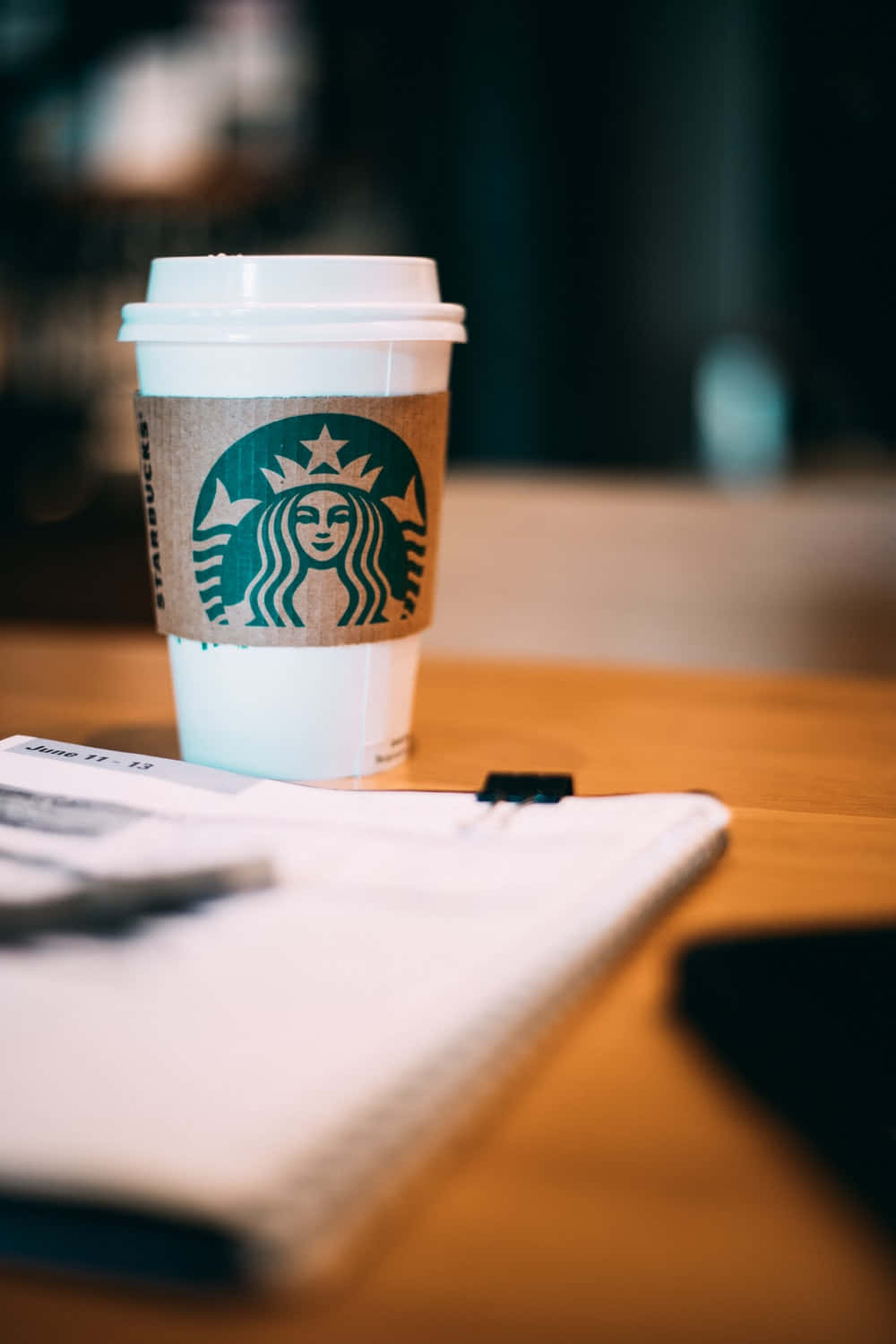 Starbucks, coffee cup, wooden table, HD Phone Wallpaper