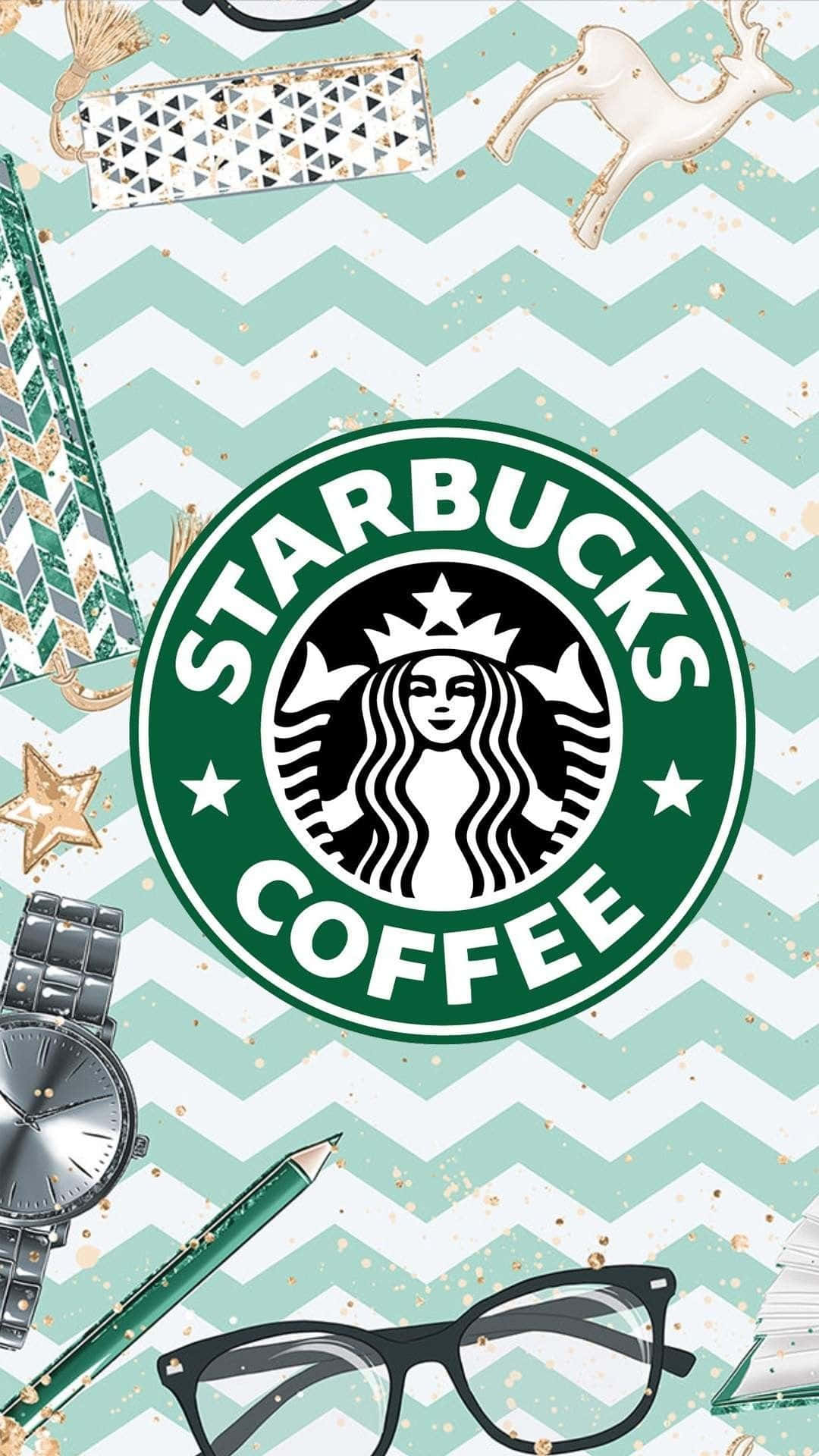 Starbucks, mint green chevron background, glasses, Full HD Phone Wallpaper