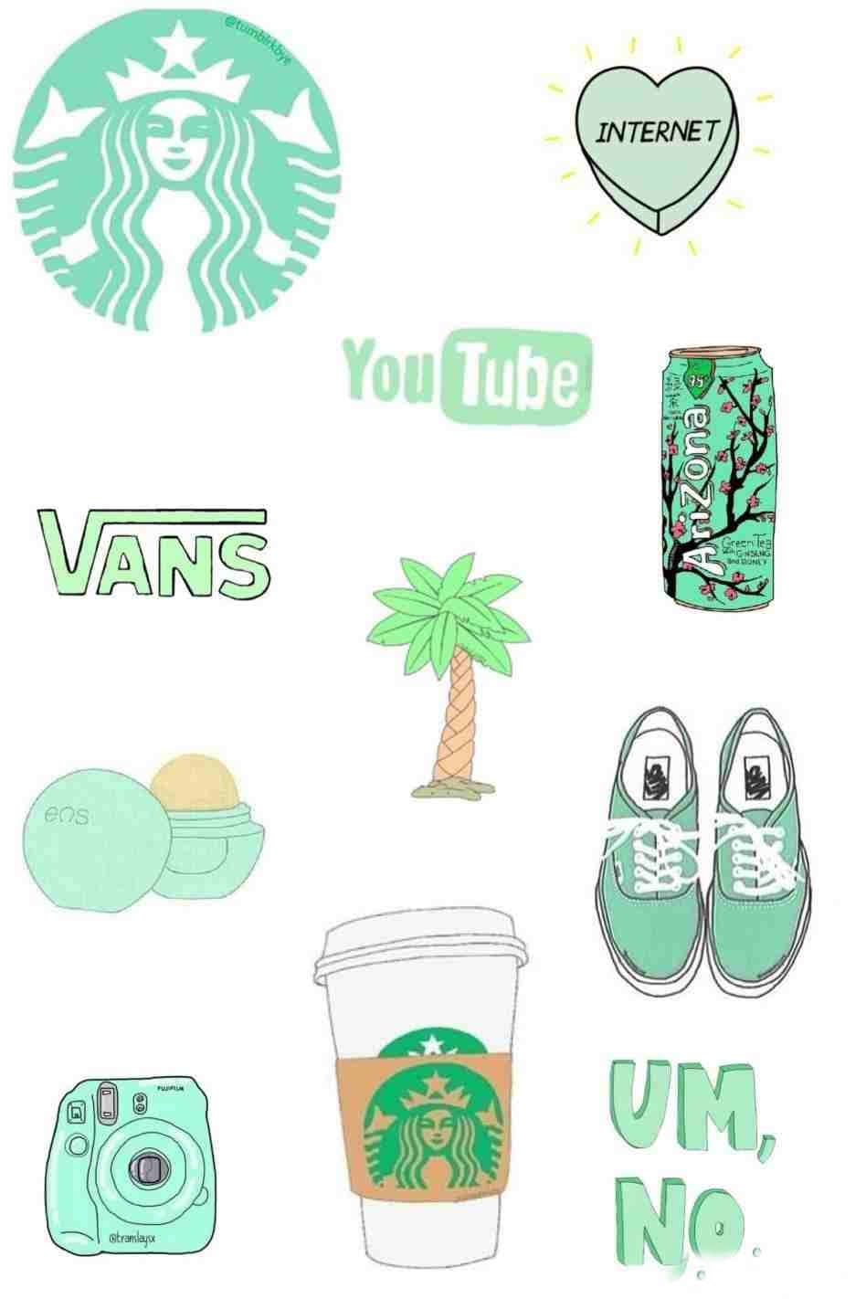 Starbucks, mint green, illustrated collage, HD Phone Wallpaper