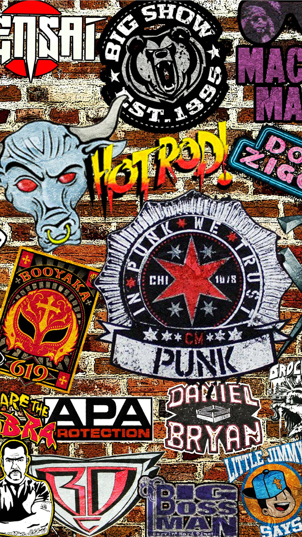 punk rock band logos, wrestling promo stickers, cartoon characters, Full HD Phone Wallpaper