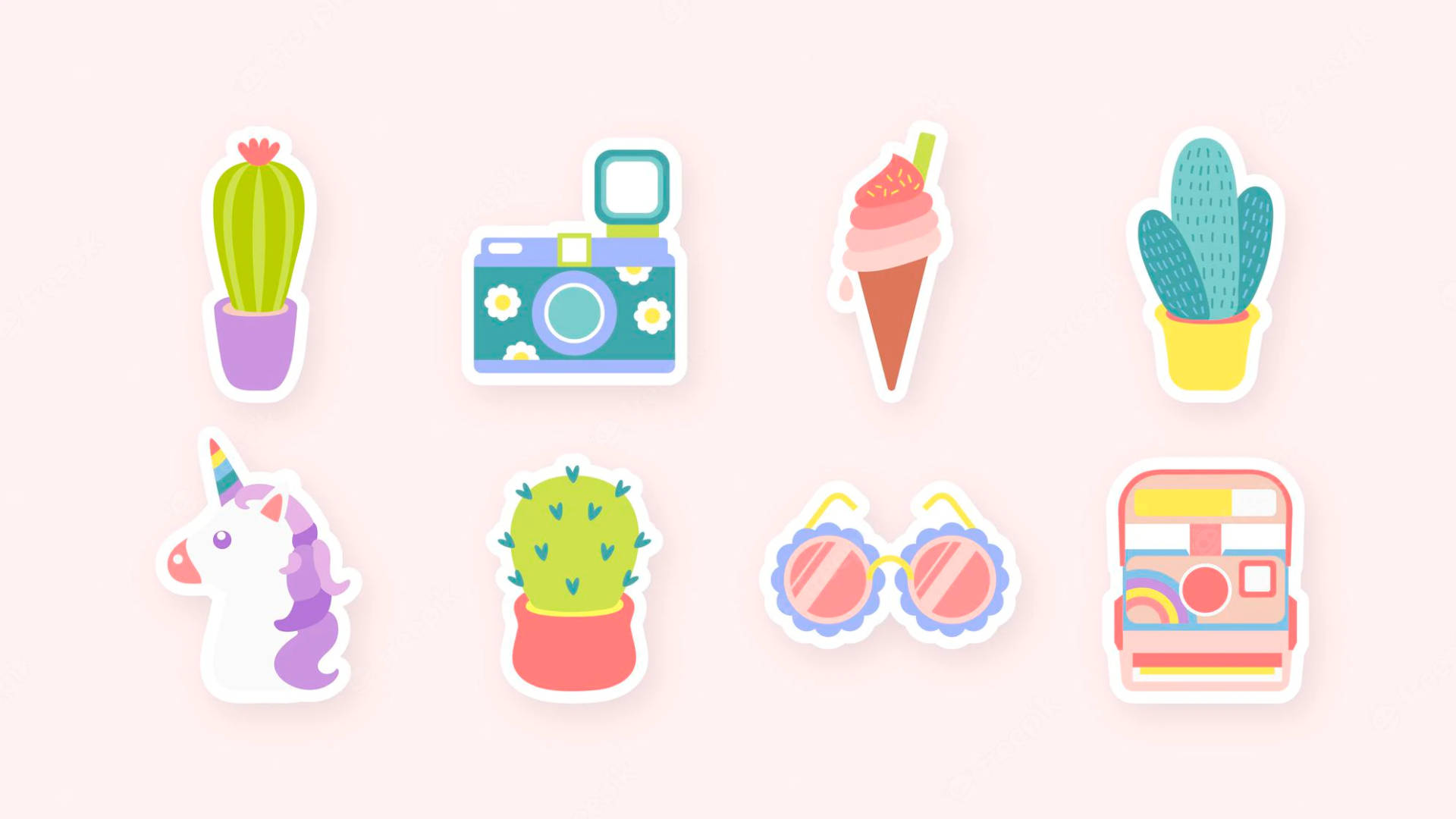 pastel-colored, cartoon stickers, cacti, Full HD Desktop Wallpaper