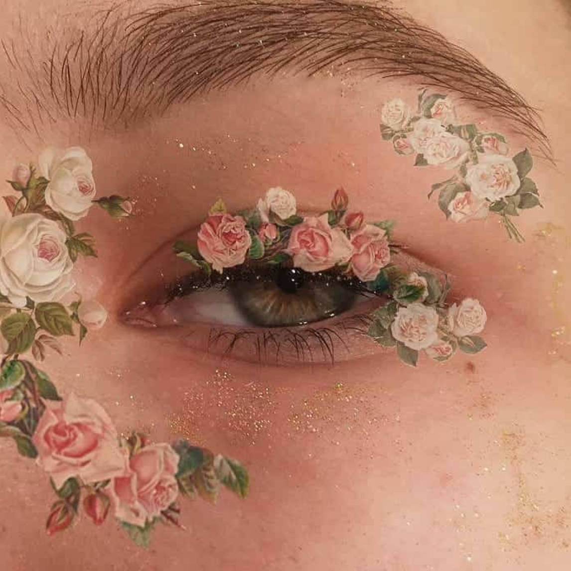 aesthetic eye, pink and white roses, sparkling glitter, SD Desktop Wallpaper