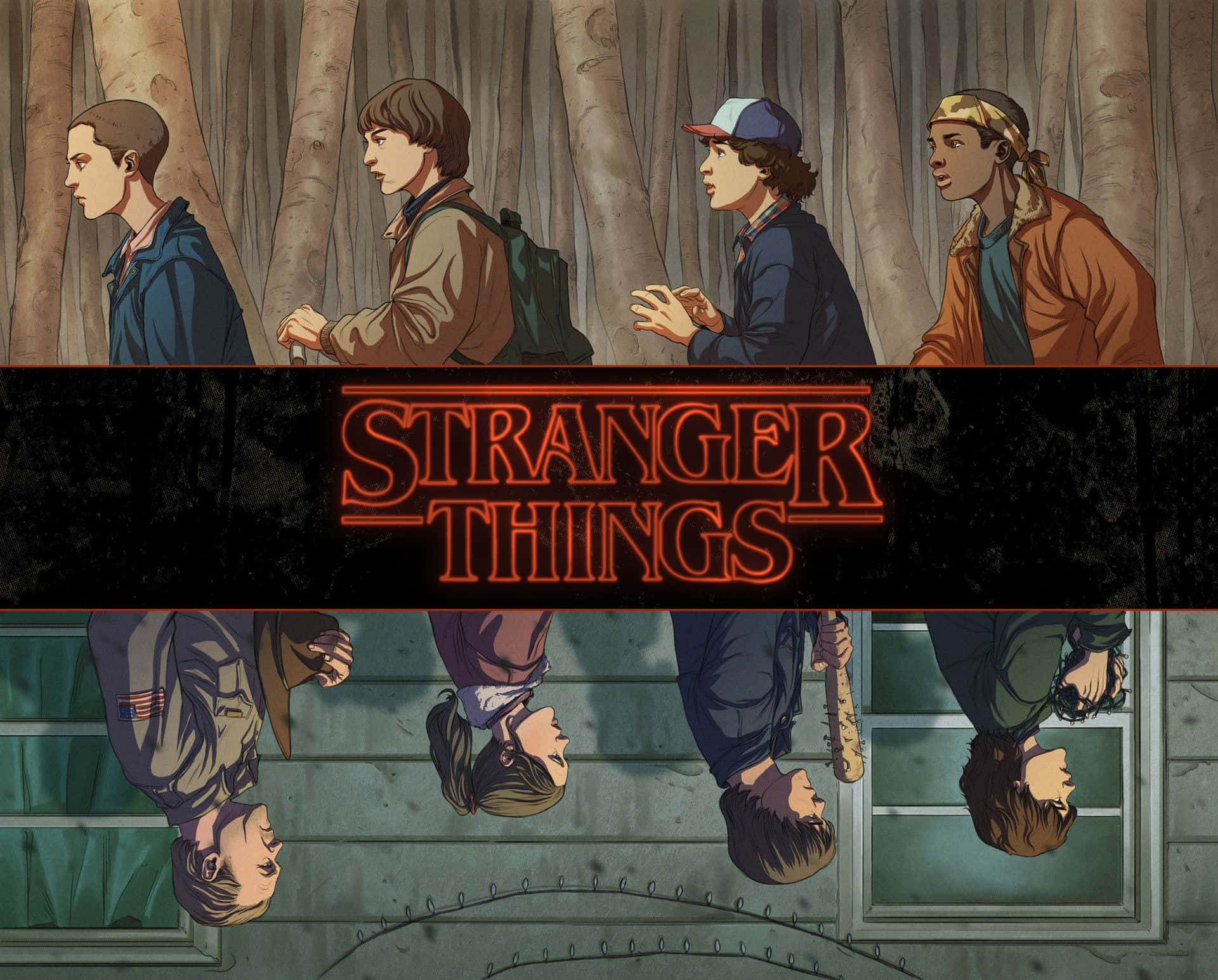 Stranger Things, logo glowing, four boys, Full HD Desktop Wallpaper