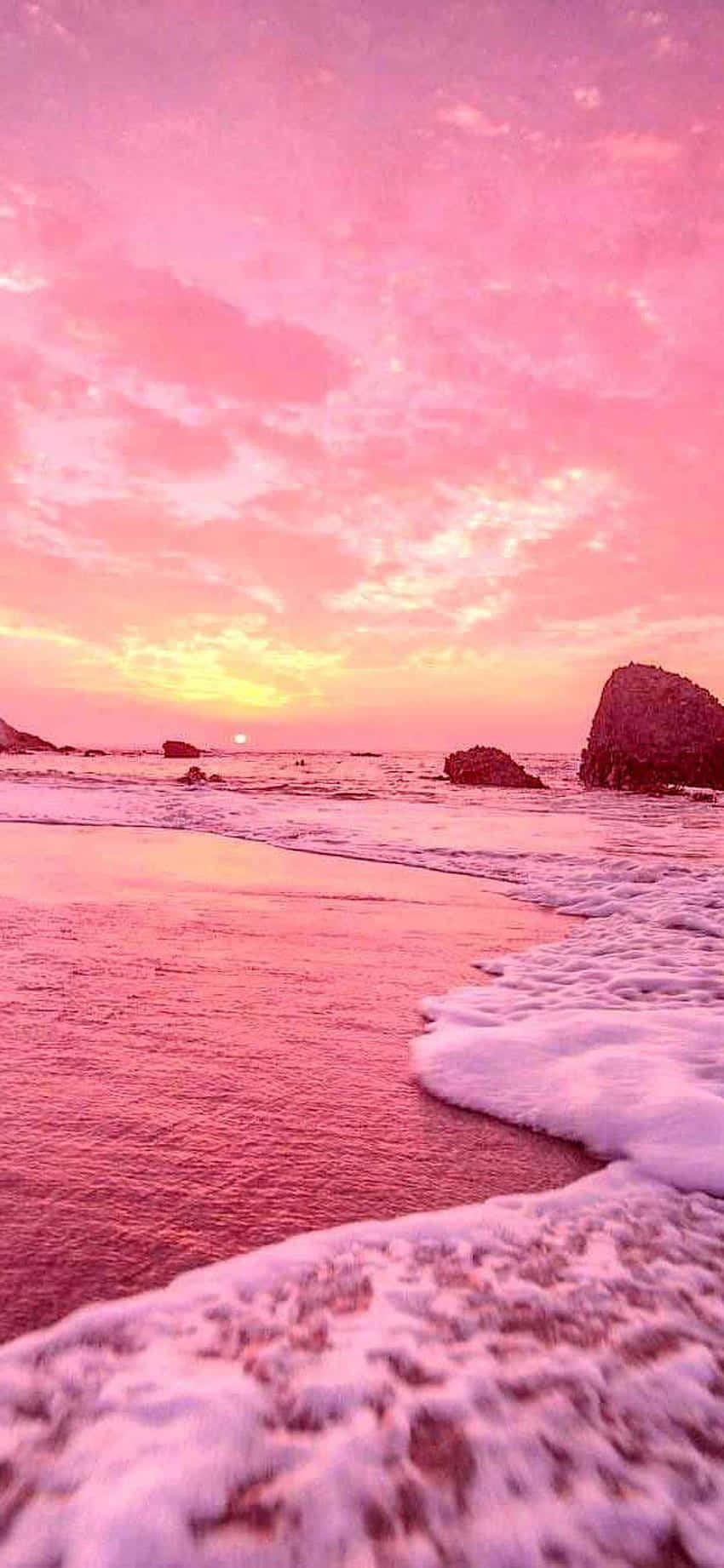 Pink Sunset, beach, foamy waves, HD Phone Wallpaper