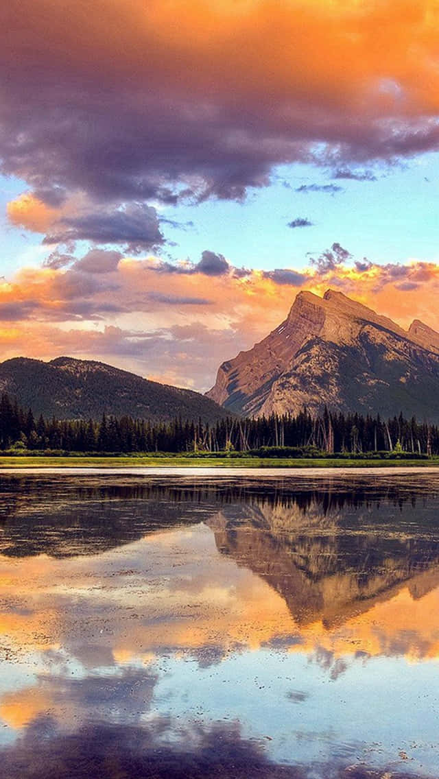 Mountain range, Calm lake, Vibrant sunset sky, SD Phone Wallpaper