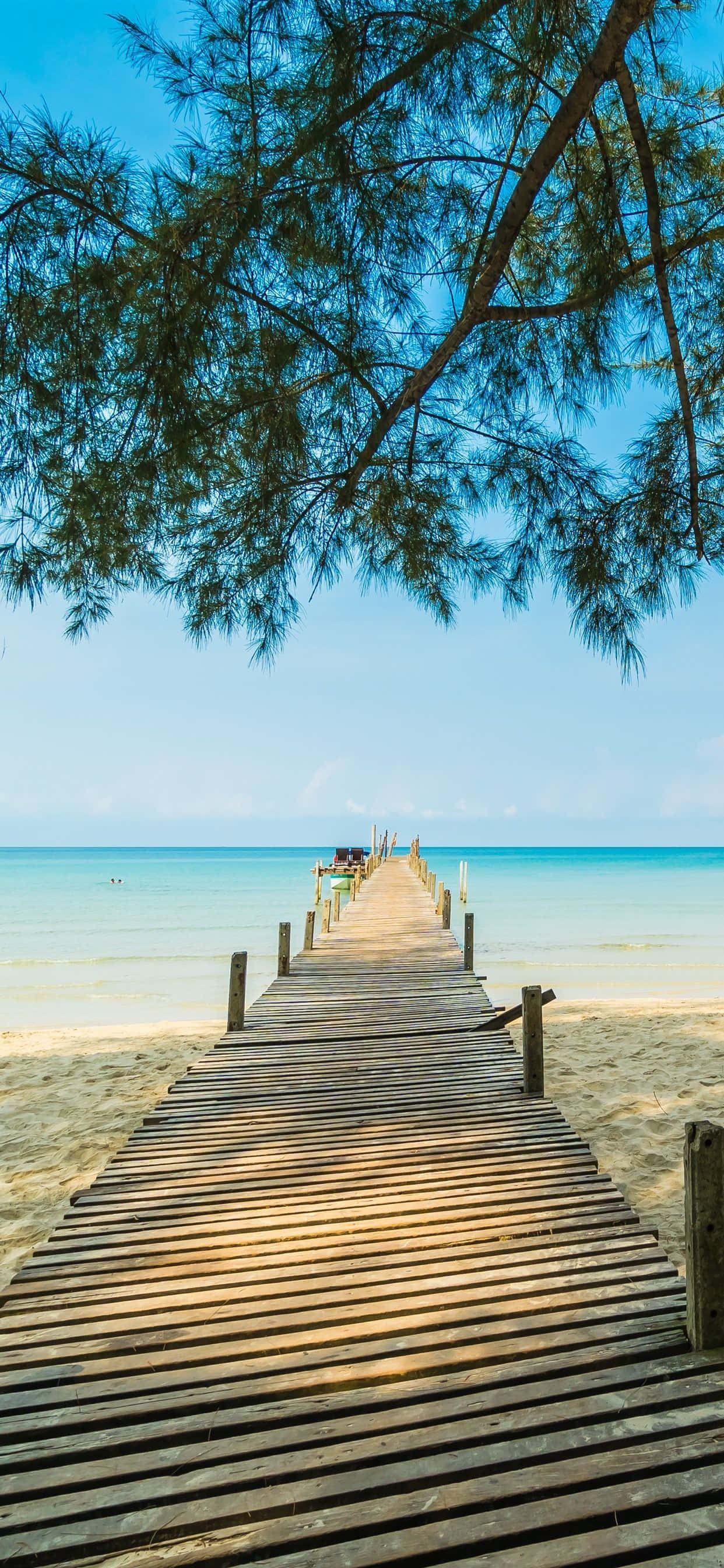 tropical themed iPhone, wooden pier, turquoise waters, 2K Phone Wallpaper