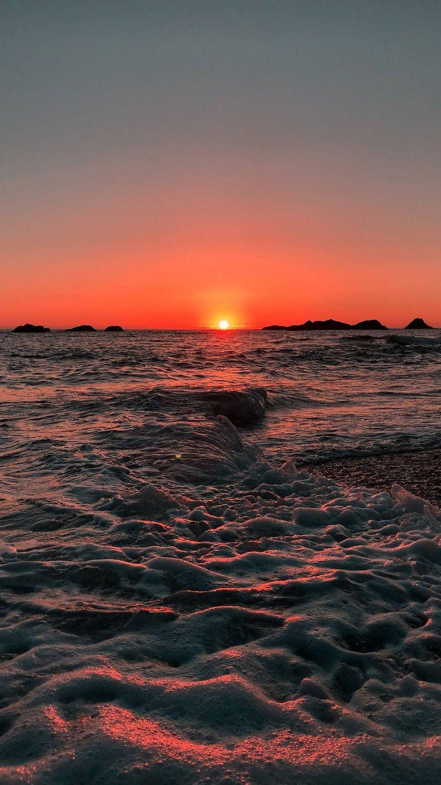 fiery sunset, ocean waves, distant islands, HD Phone Wallpaper