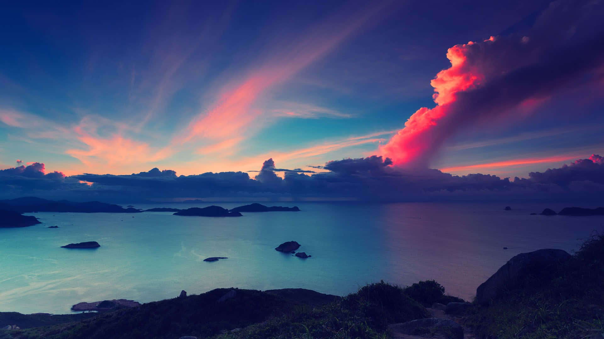 Sunset, ocean, calm sea, Full HD Desktop Wallpaper
