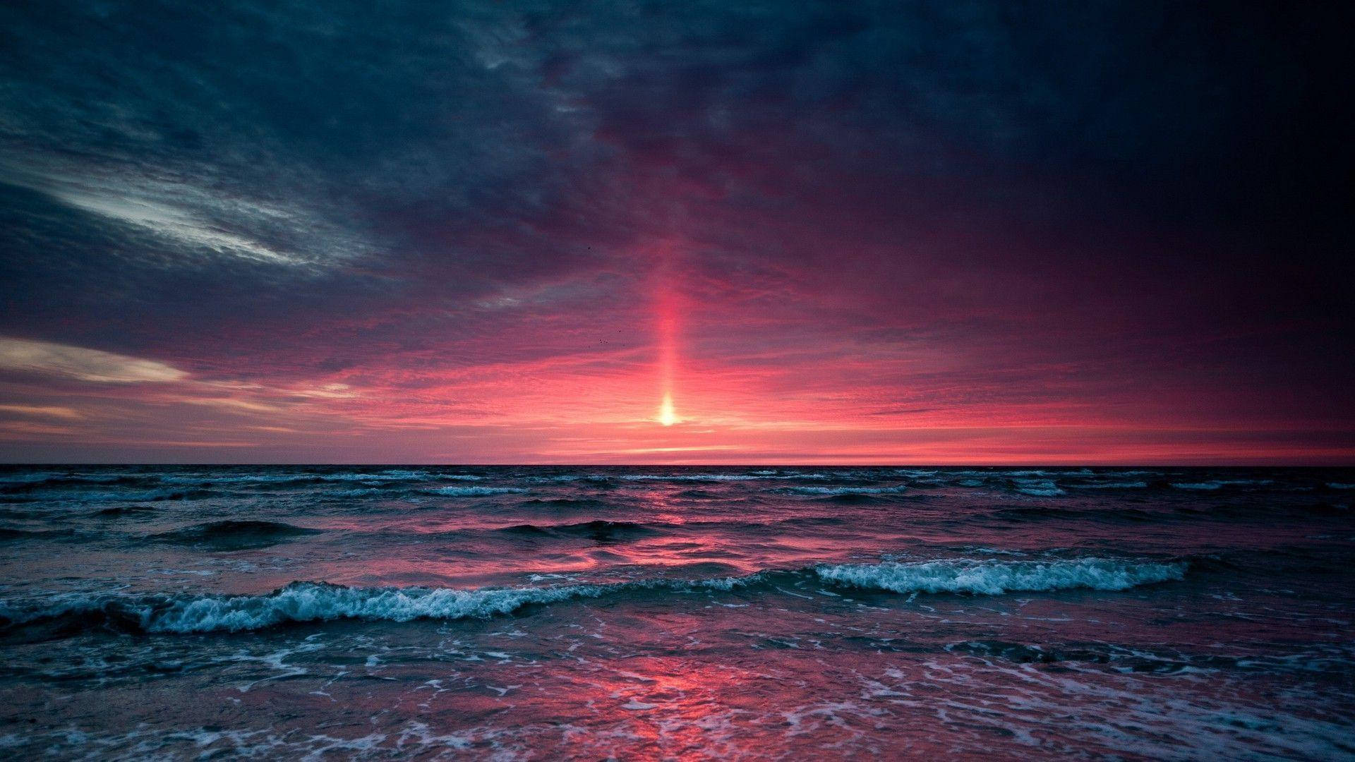Dark Purple Aesthetic Sunset Horizon, sunset, fiery red sky, Full HD Desktop Wallpaper