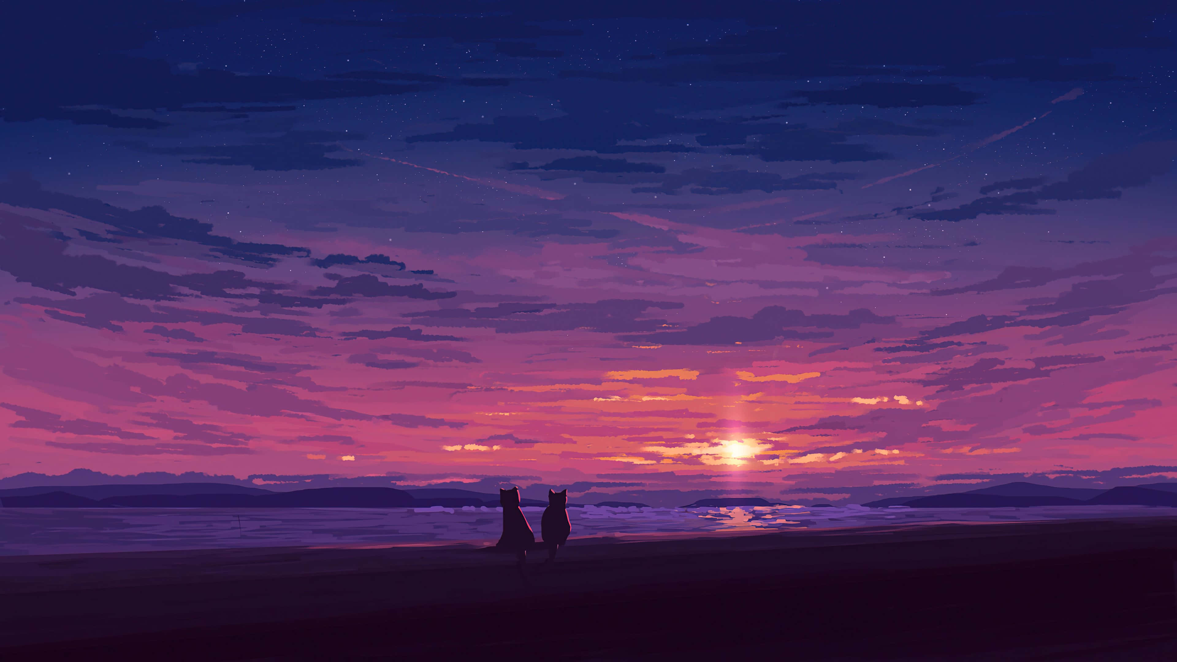 silhouetted cats, beach, vibrant sunset, 4K Desktop Wallpaper