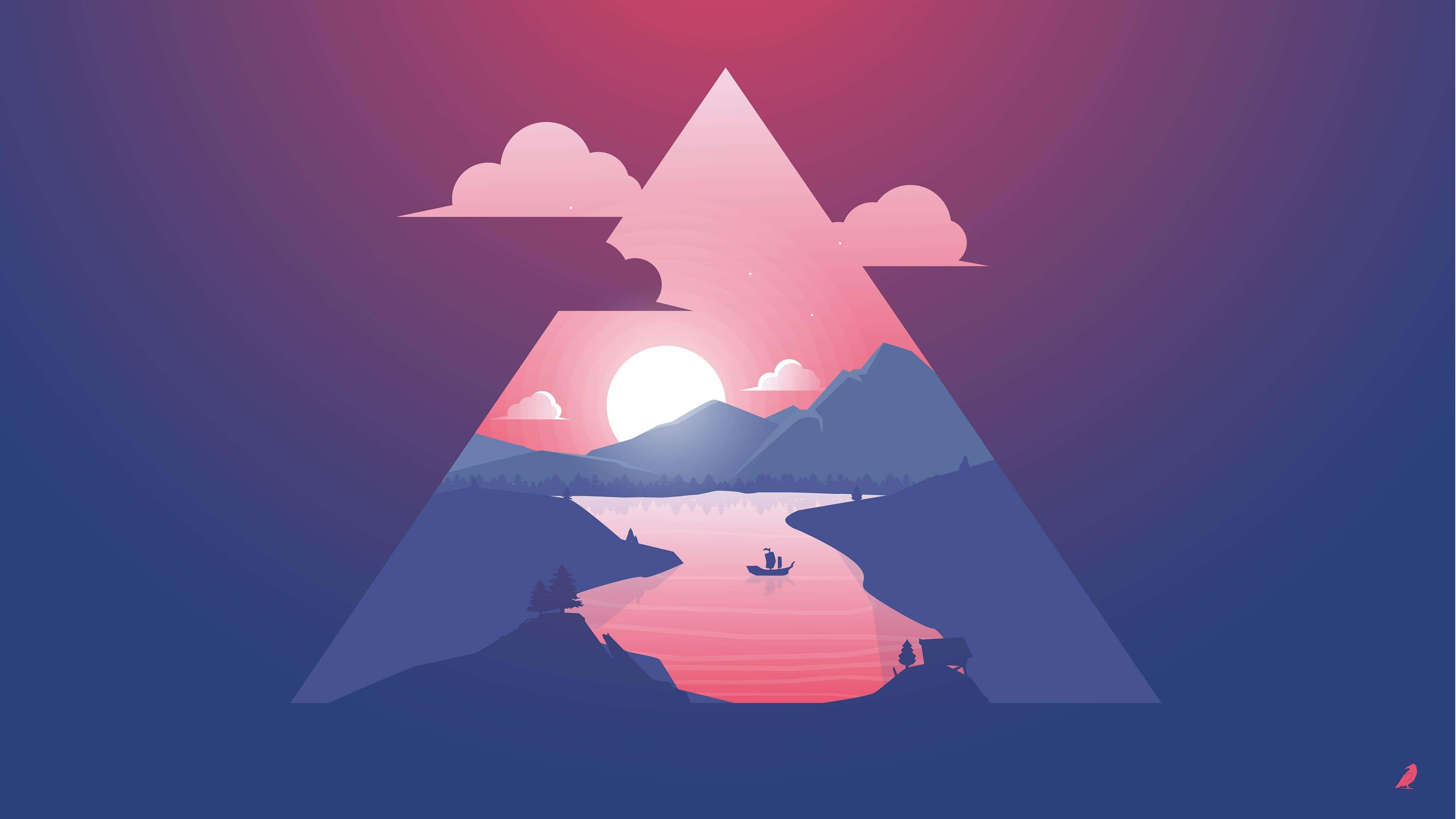 minimalist sunset, mountain lake, rowboat, 4K Desktop Wallpaper