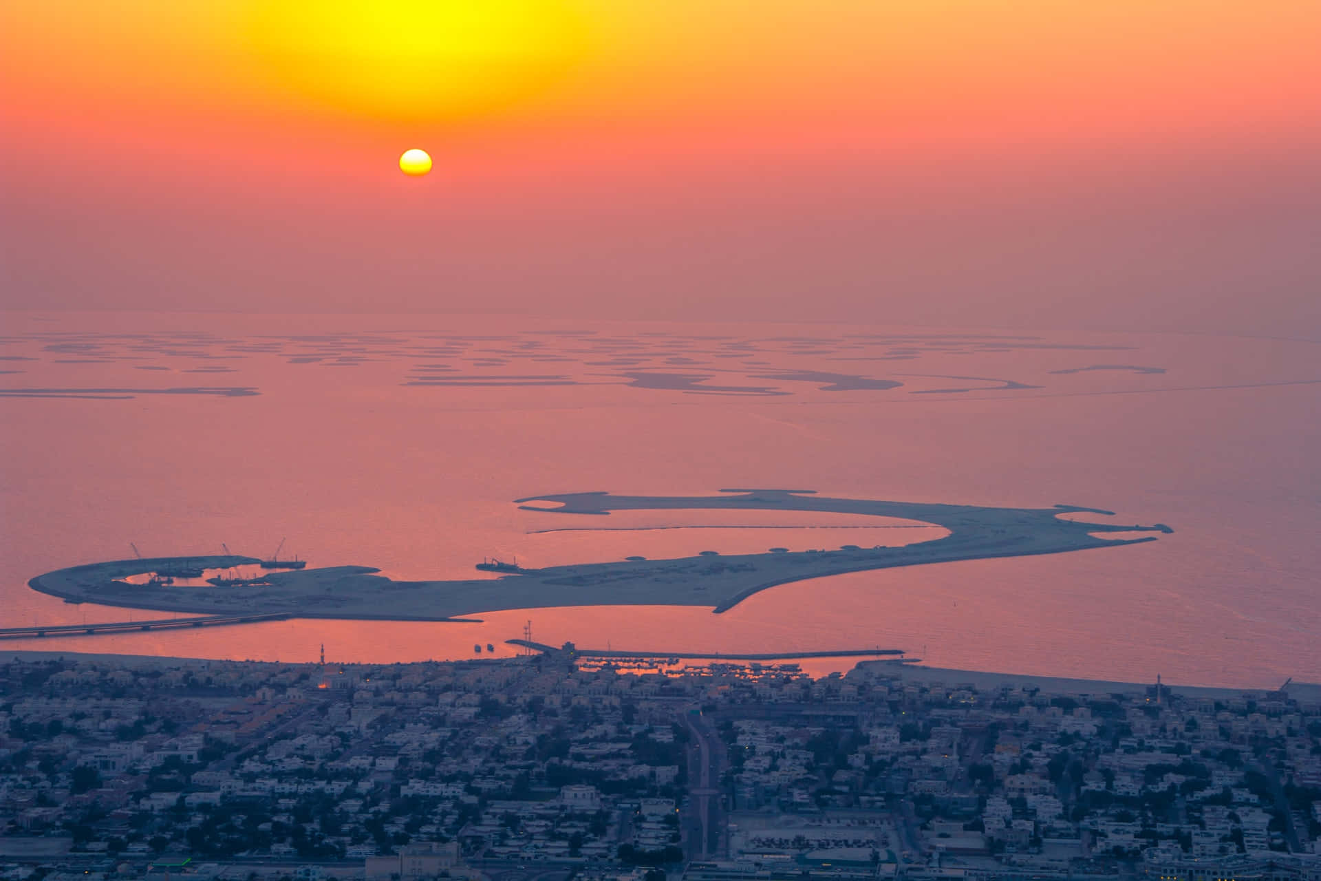 colorful sunset, aerial view, coastal city, Full HD Desktop Wallpaper