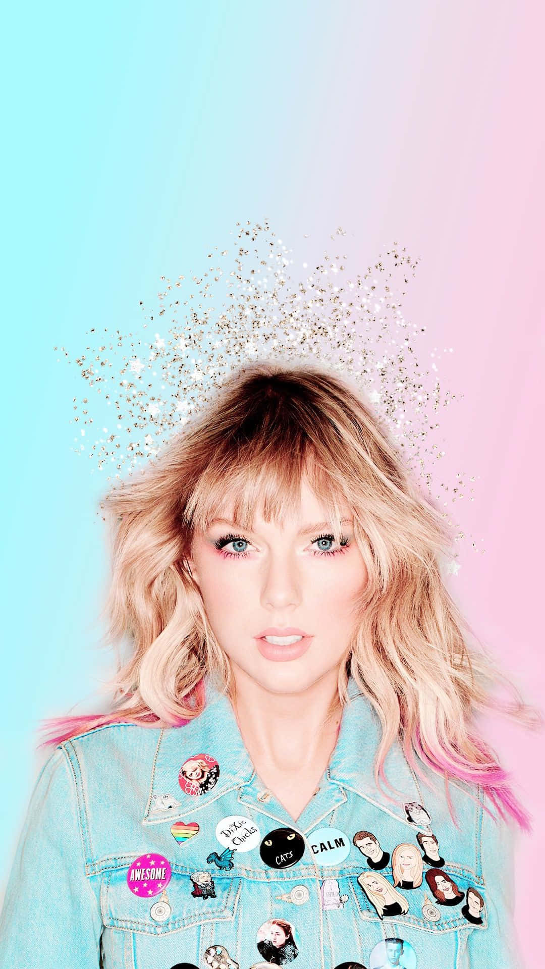 pastel blue and pink gradient background, denim jacket, colorful pins, Full HD Phone Wallpaper