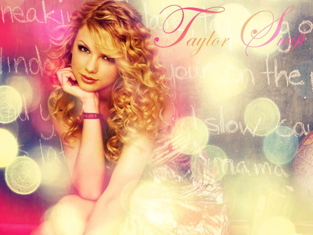 Taylor Swift, curly blonde hair, dreamy pink and yellow bokeh background, SD Desktop Wallpaper
