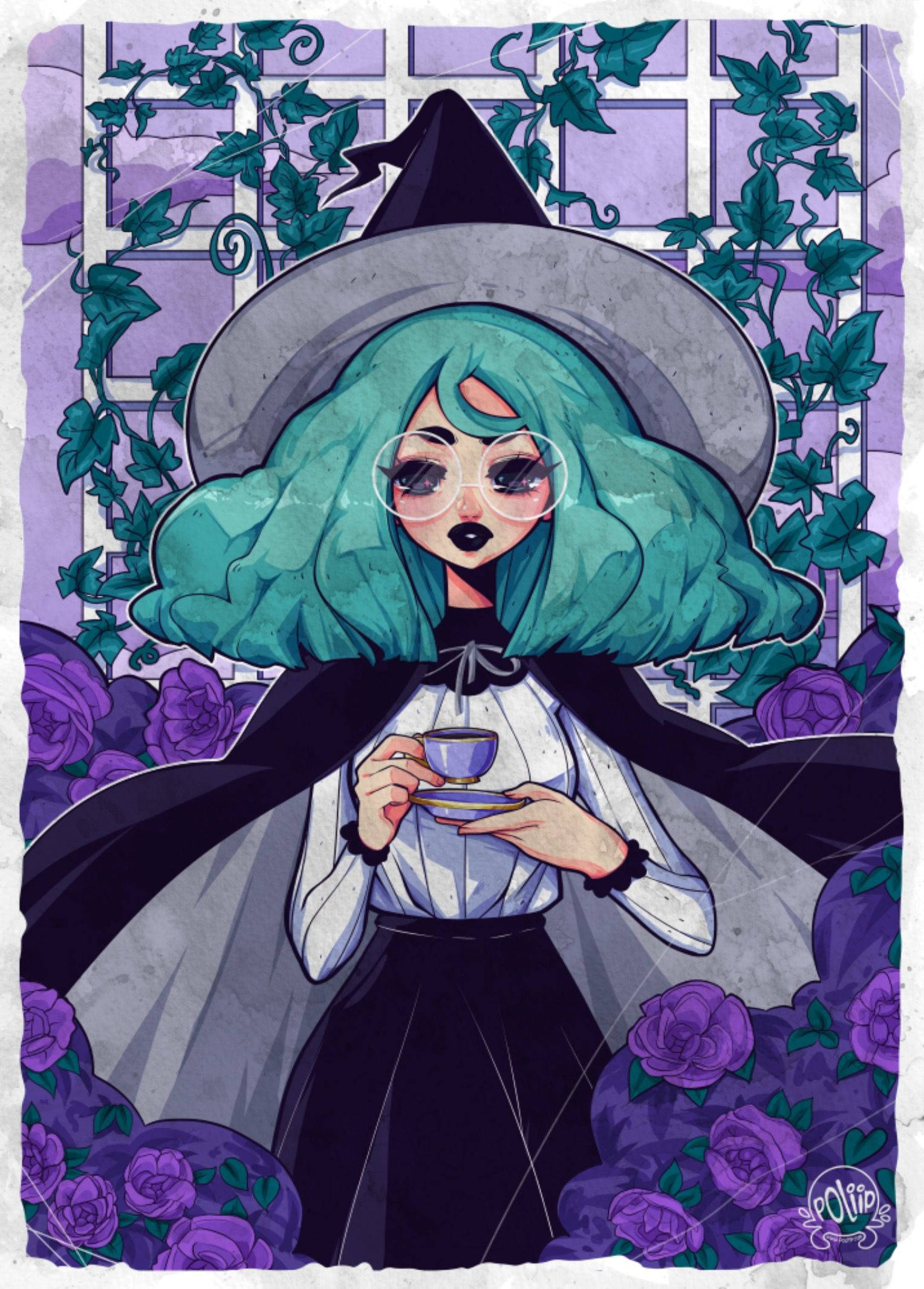 teal-haired witch, wide-brimmed hat, purple roses, Full HD Phone Wallpaper