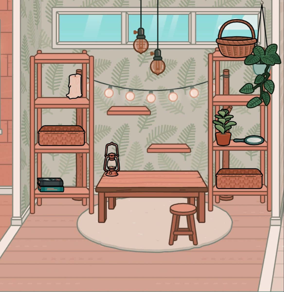 Aesthetic Toca Life, wooden table, stool, SD Phone Wallpaper