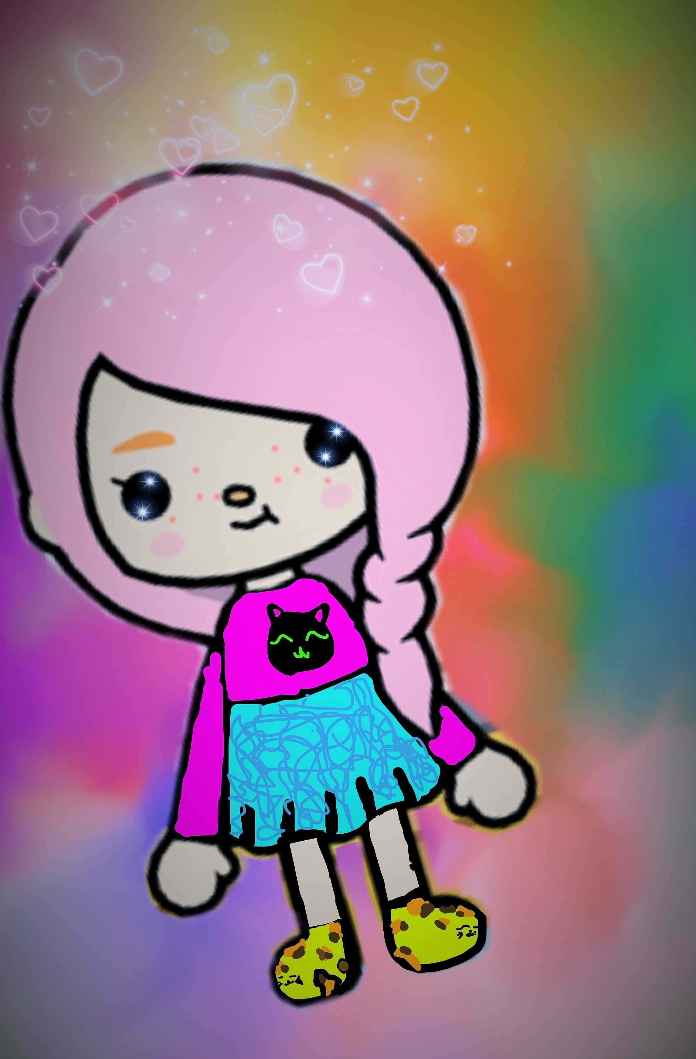 Pink Hair Aesthetic Toca Life Character, cat shirt, glowing hearts, 2K Phone Wallpaper