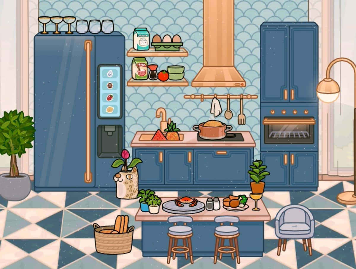 blue aesthetic toca life, dining room, blue cabinets, SD Desktop Wallpaper