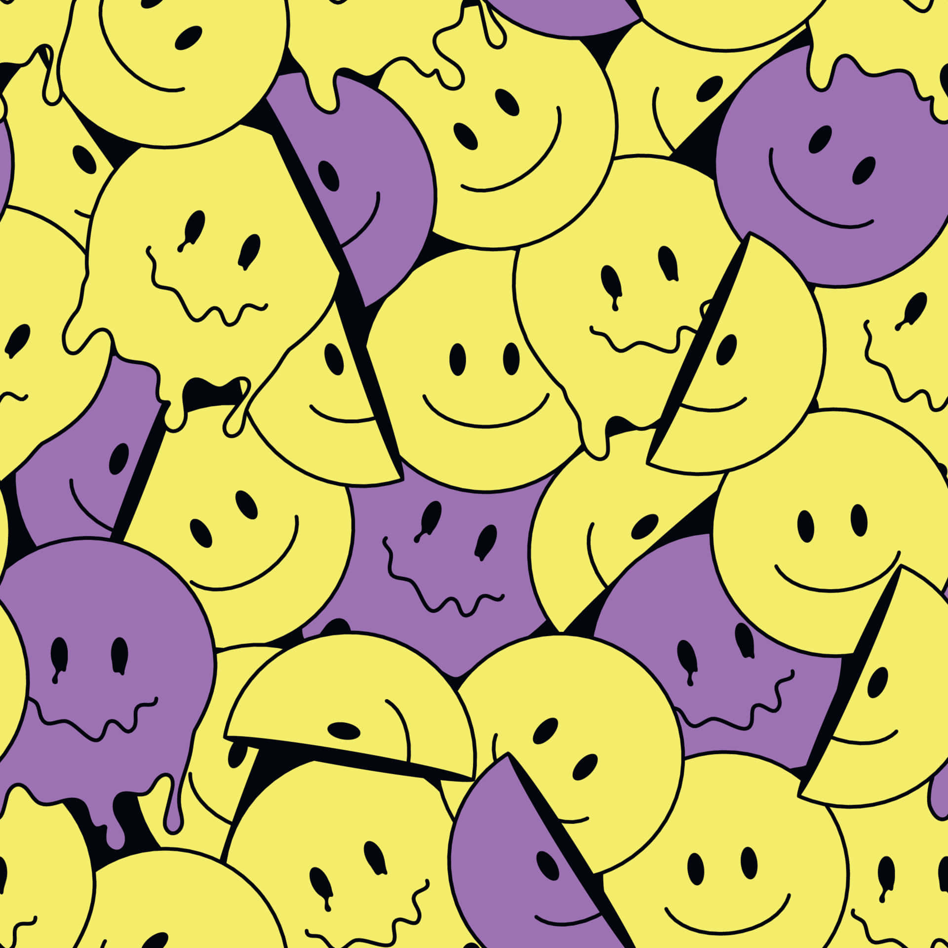 melted yellow and purple smiley faces, black outlines, drips, Full HD Desktop Wallpaper