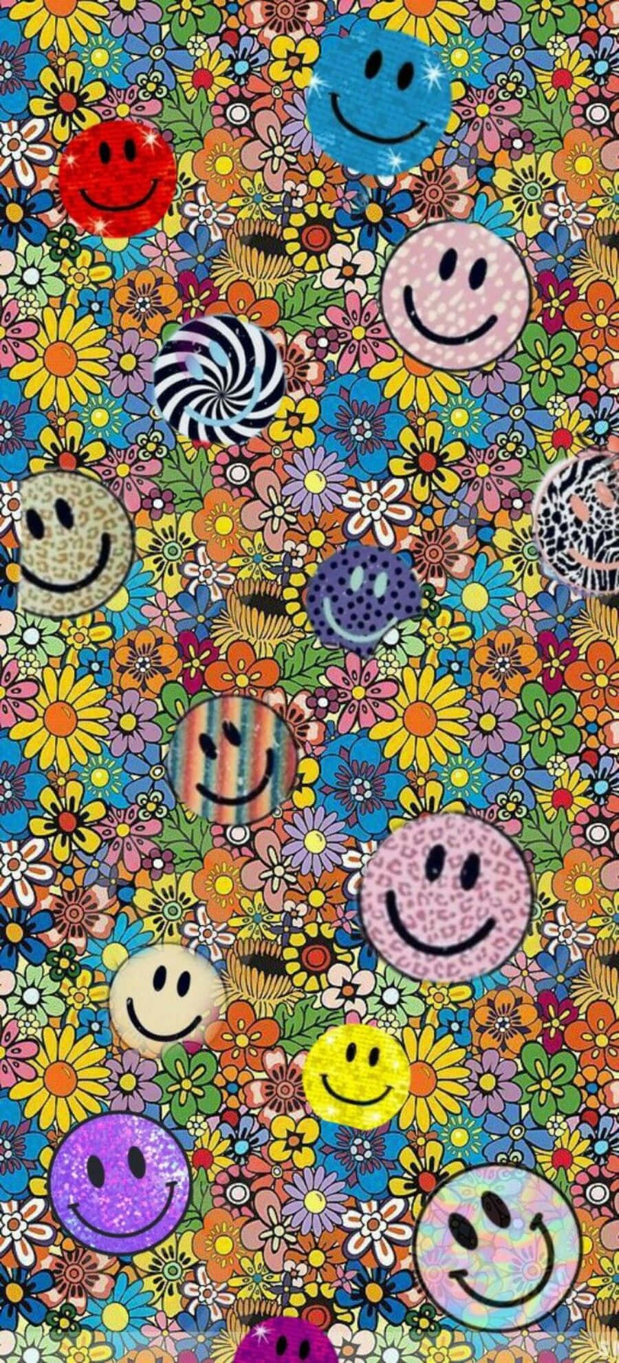 Aesthetic Smiley Face, glittery patterns, colorful flowers, Full HD Phone Wallpaper