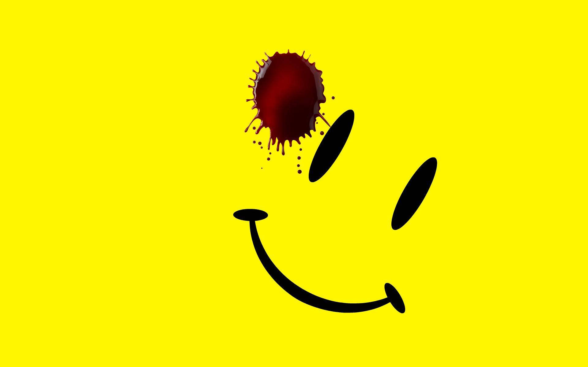 stark yellow background, minimalist black smiley face, single red blood splatter, Full HD Desktop Wallpaper
