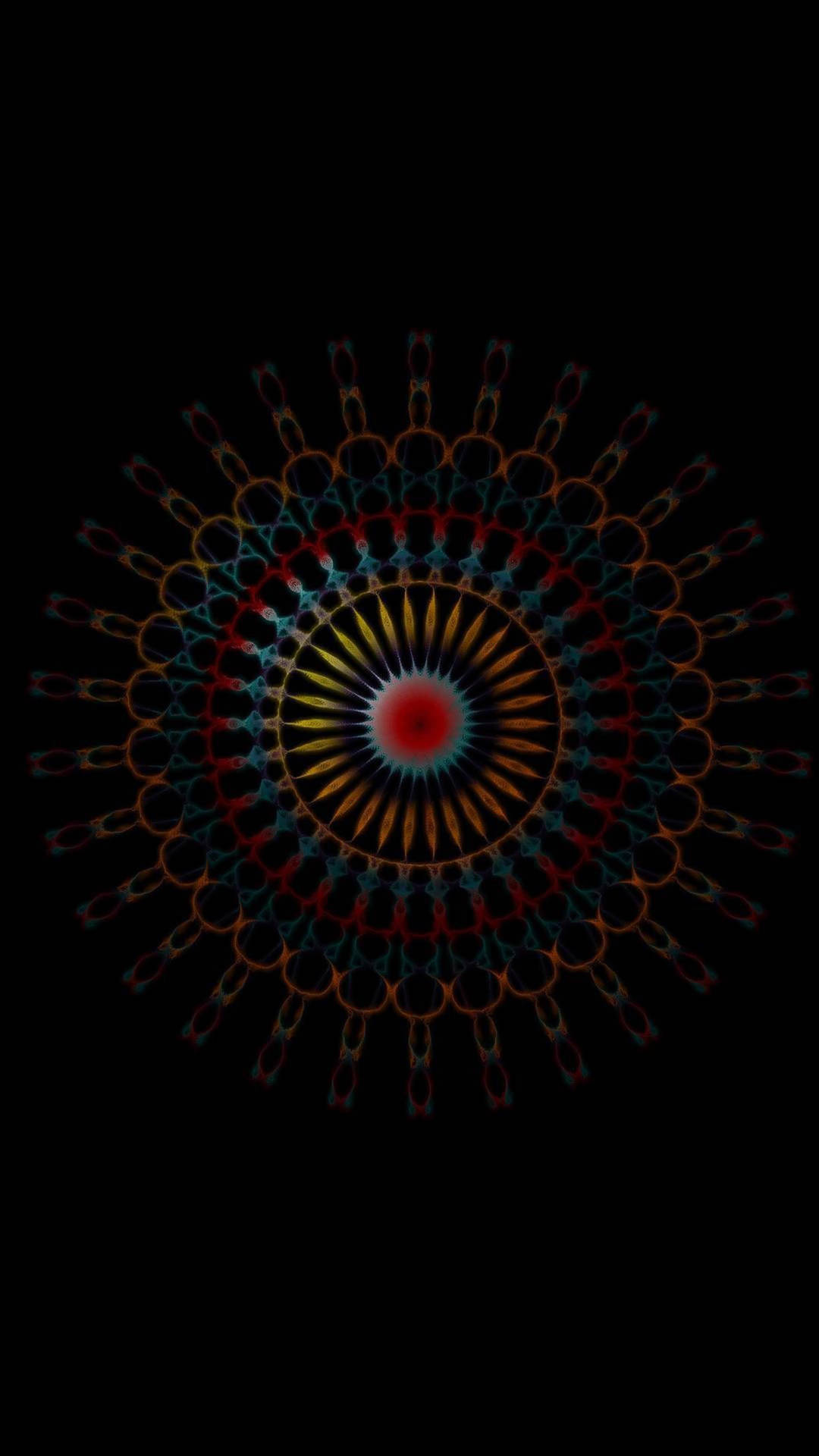 multicolored mandala, intricate geometric patterns, pure black background, Full HD Phone Wallpaper