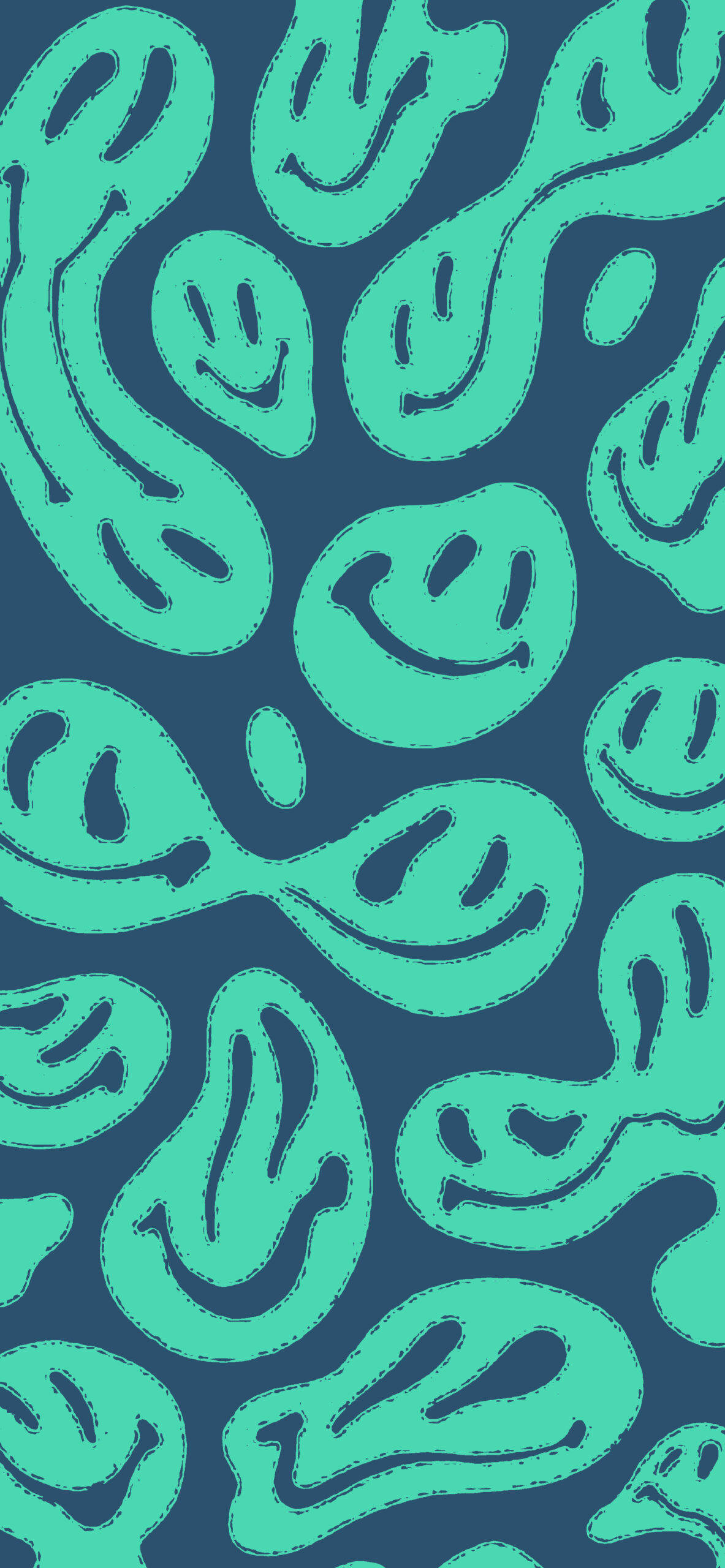 teal, smiling faces, stitched outlines, 2K Phone Wallpaper