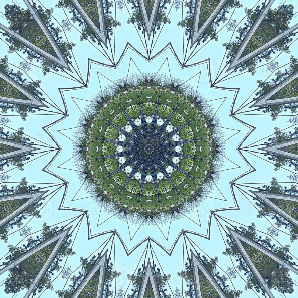 kaleidoscopic mandala, mirrored trees, sky forms, SD Desktop Wallpaper