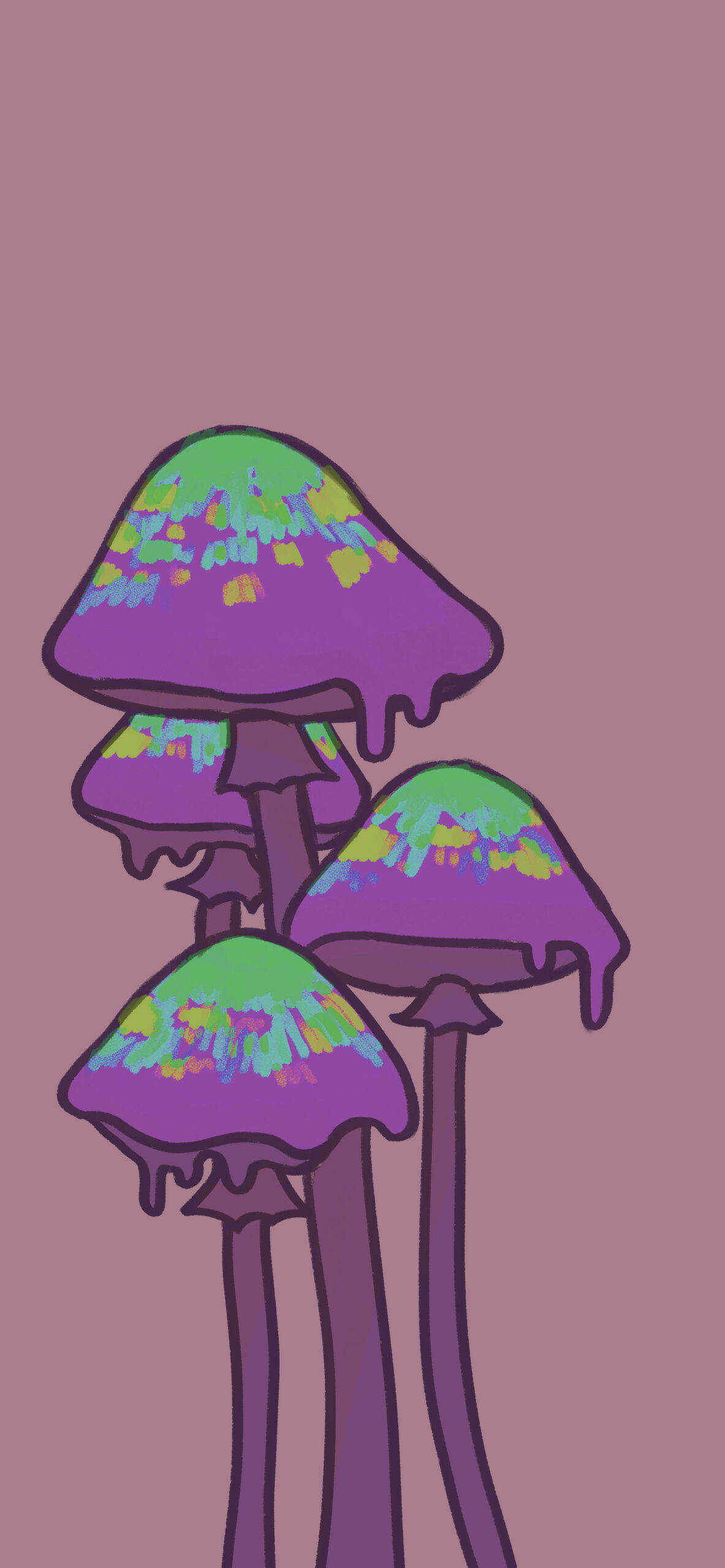 purple mushrooms, dripping green and blue caps, muted pink background, 2K Phone Wallpaper