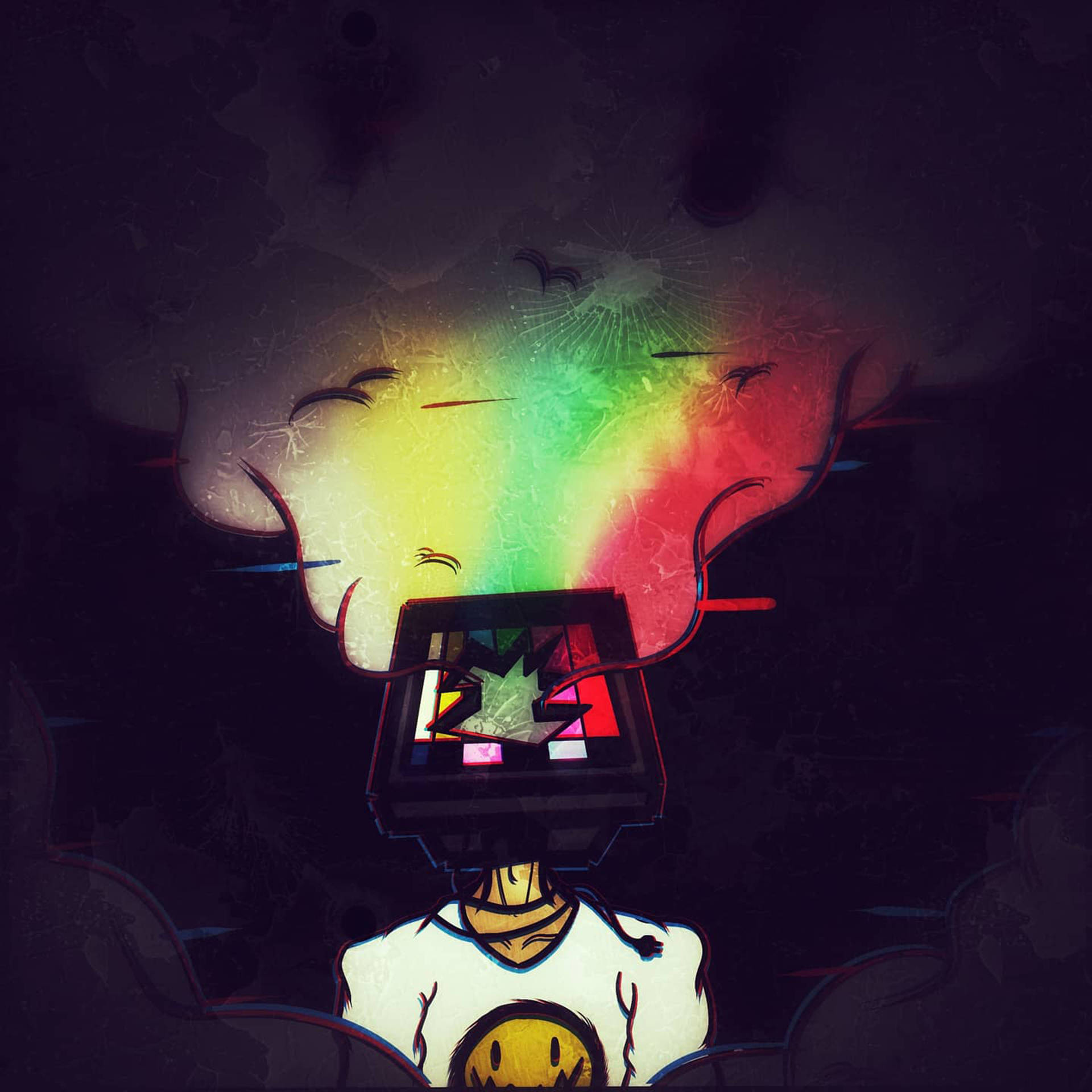 TV head, vibrant rainbow smoke, dark textured background, Full HD Desktop Wallpaper