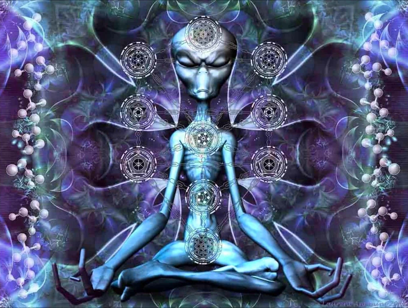 serene blue alien, glowing geometric symbols, molecular chains, HD Desktop Wallpaper