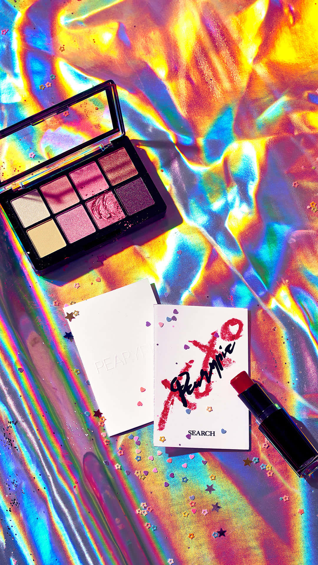 vintage trippy retro aesthetic makeup palette, holographic surface, glittering stars, Full HD Phone Wallpaper