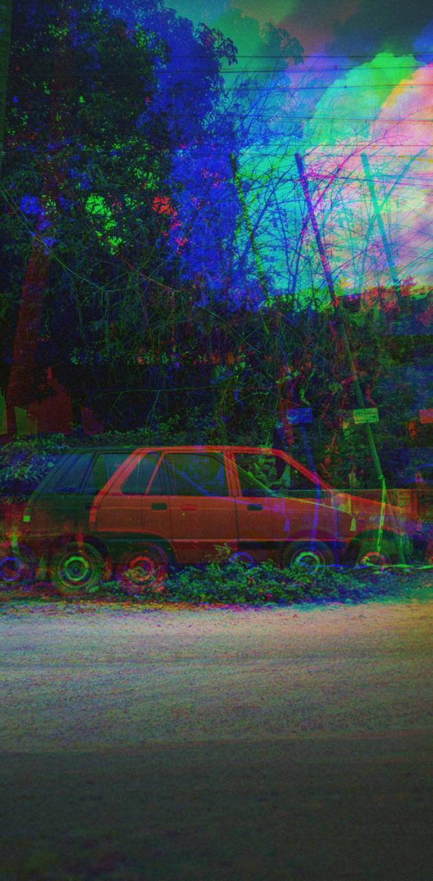 red car, overgrown foliage, glitchy rainbow sky, HD Phone Wallpaper