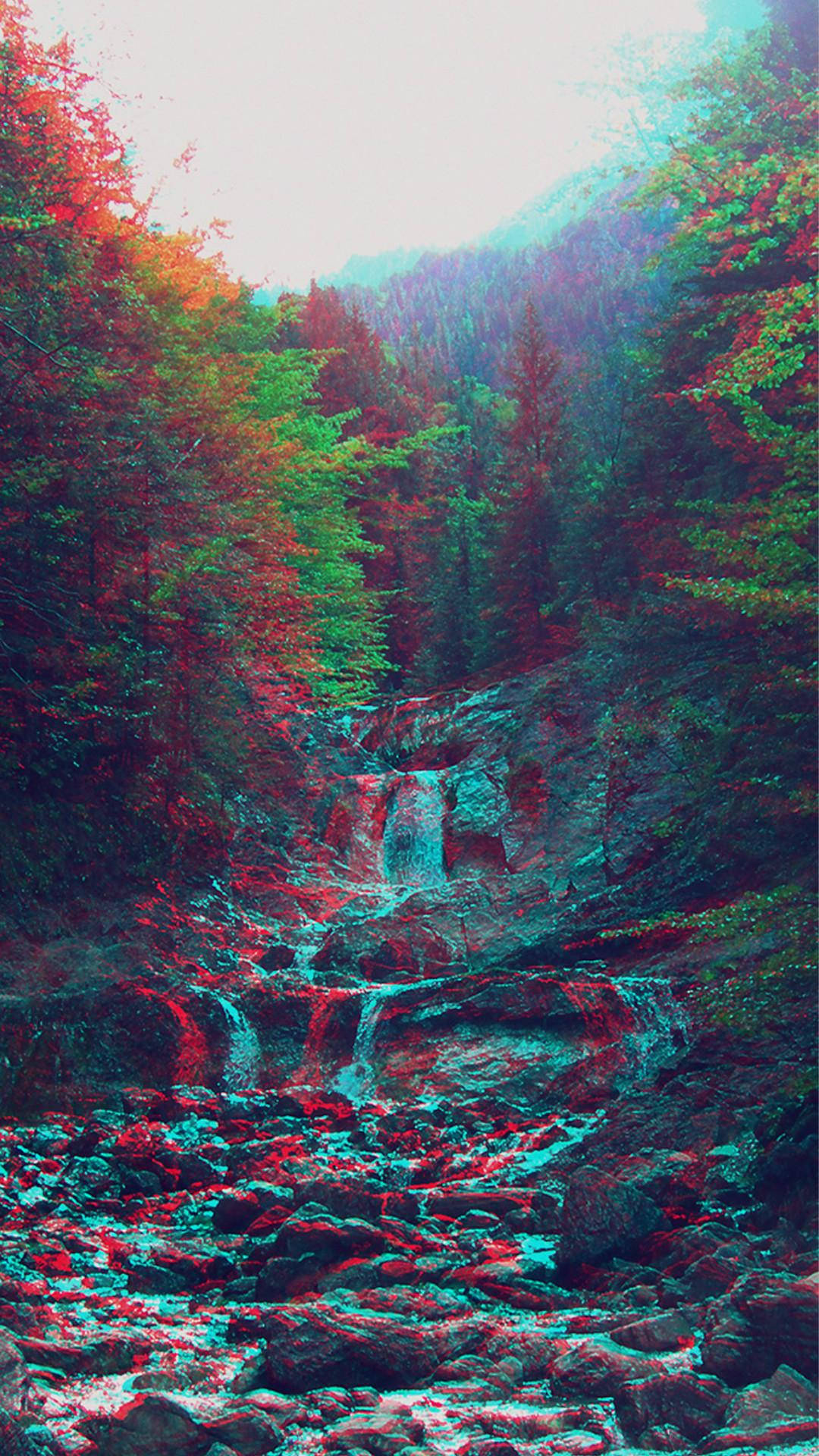 waterfall, forest, surreal red and teal color grading, Full HD Phone Wallpaper
