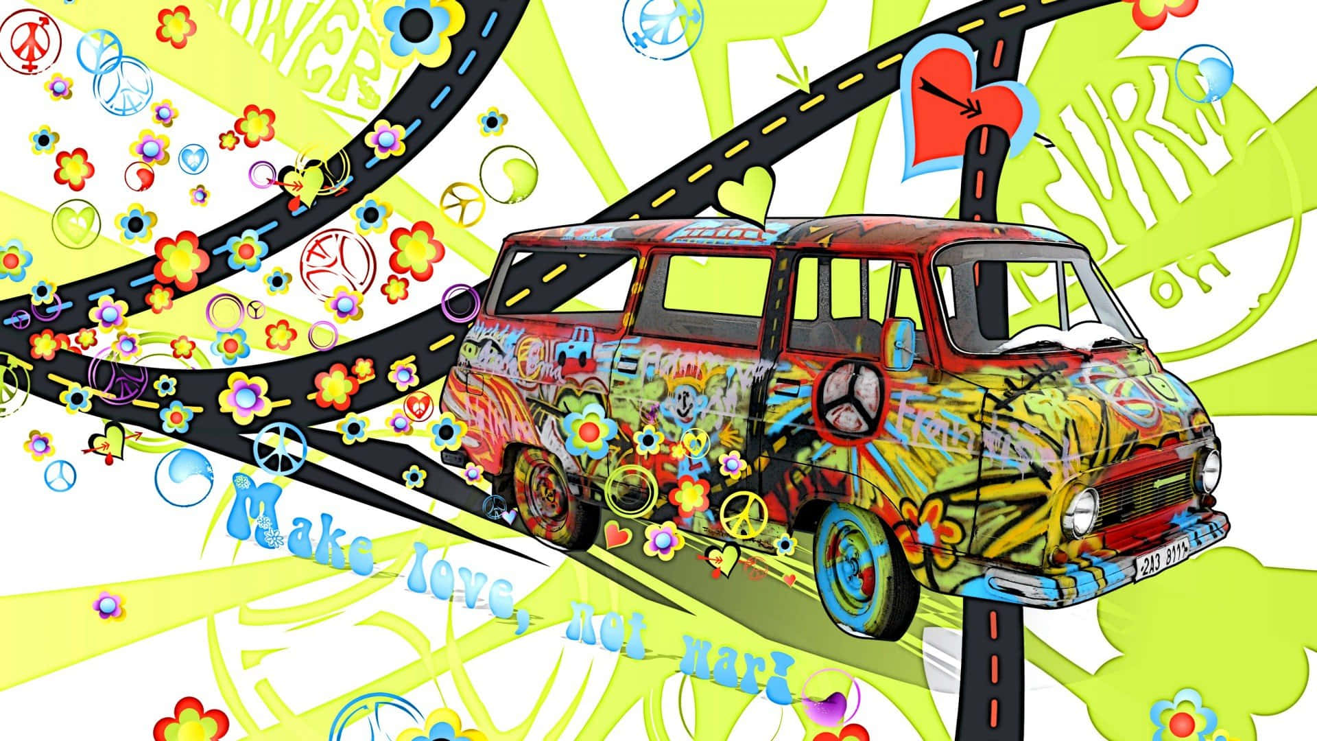 psychedelic van, flowers, peace signs, Full HD Desktop Wallpaper