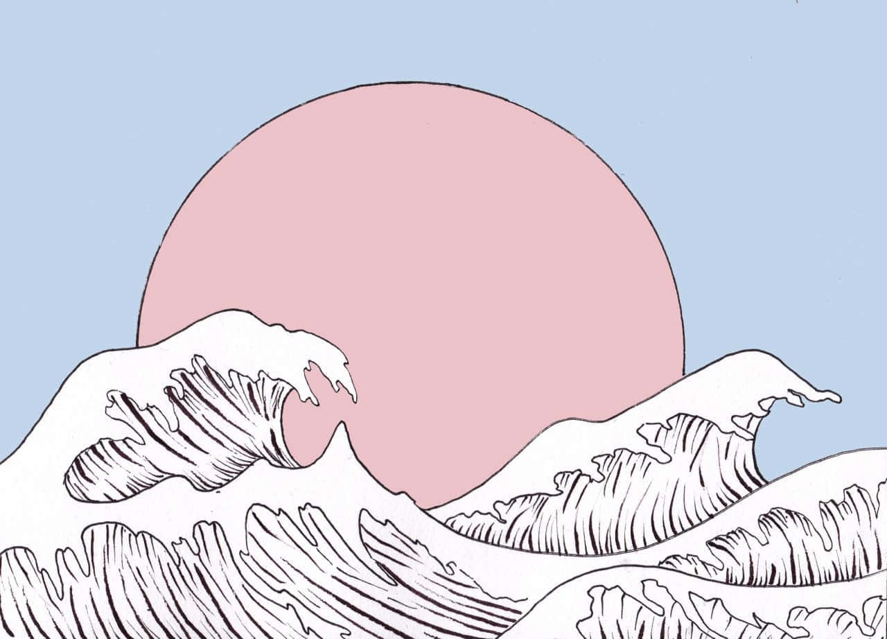 pink sun, pale blue sky, minimalist line-art illustration, HD Desktop Wallpaper