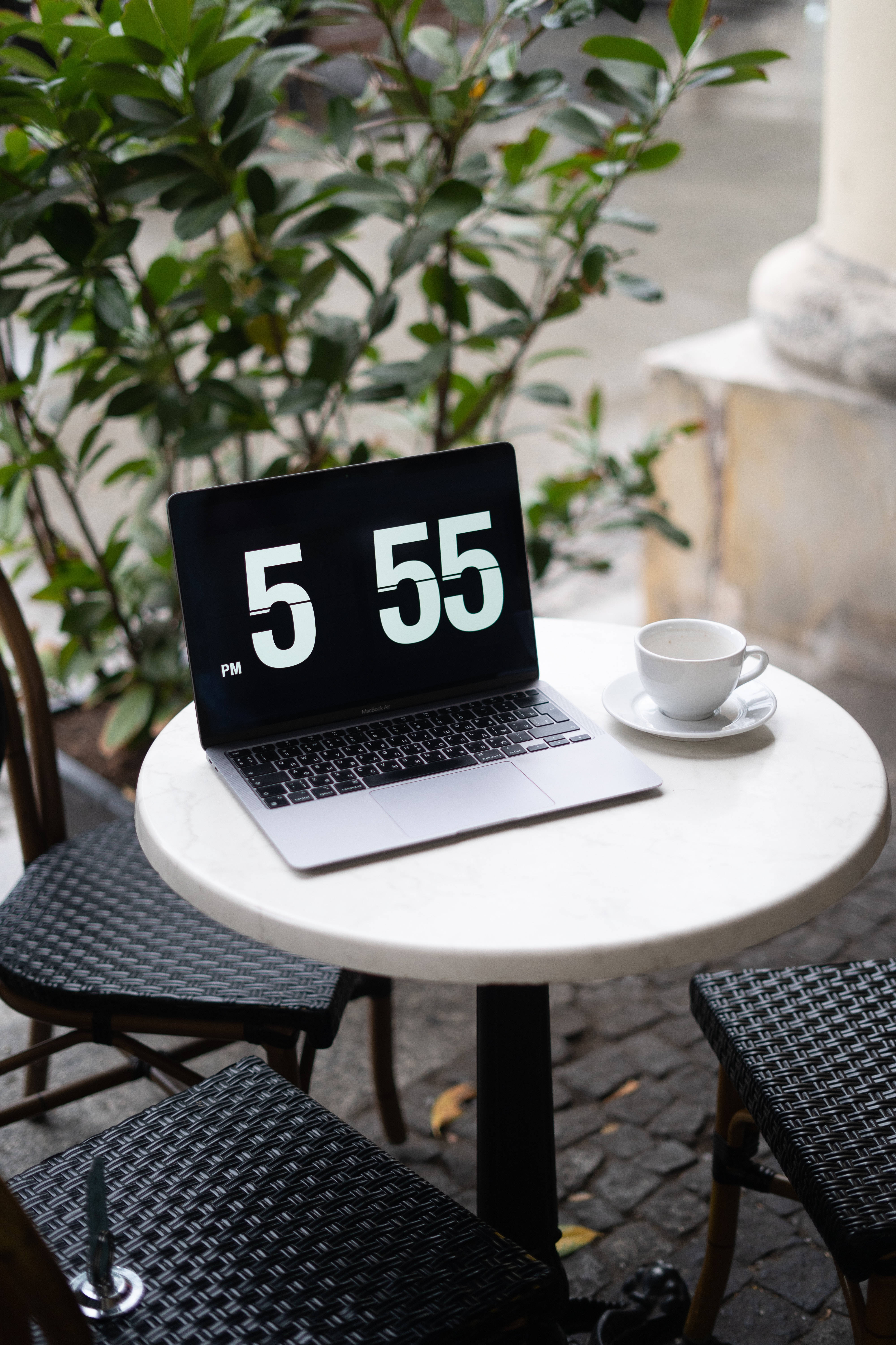 silver laptop, white marble cafe table, white coffee cup, 5K Phone Wallpaper