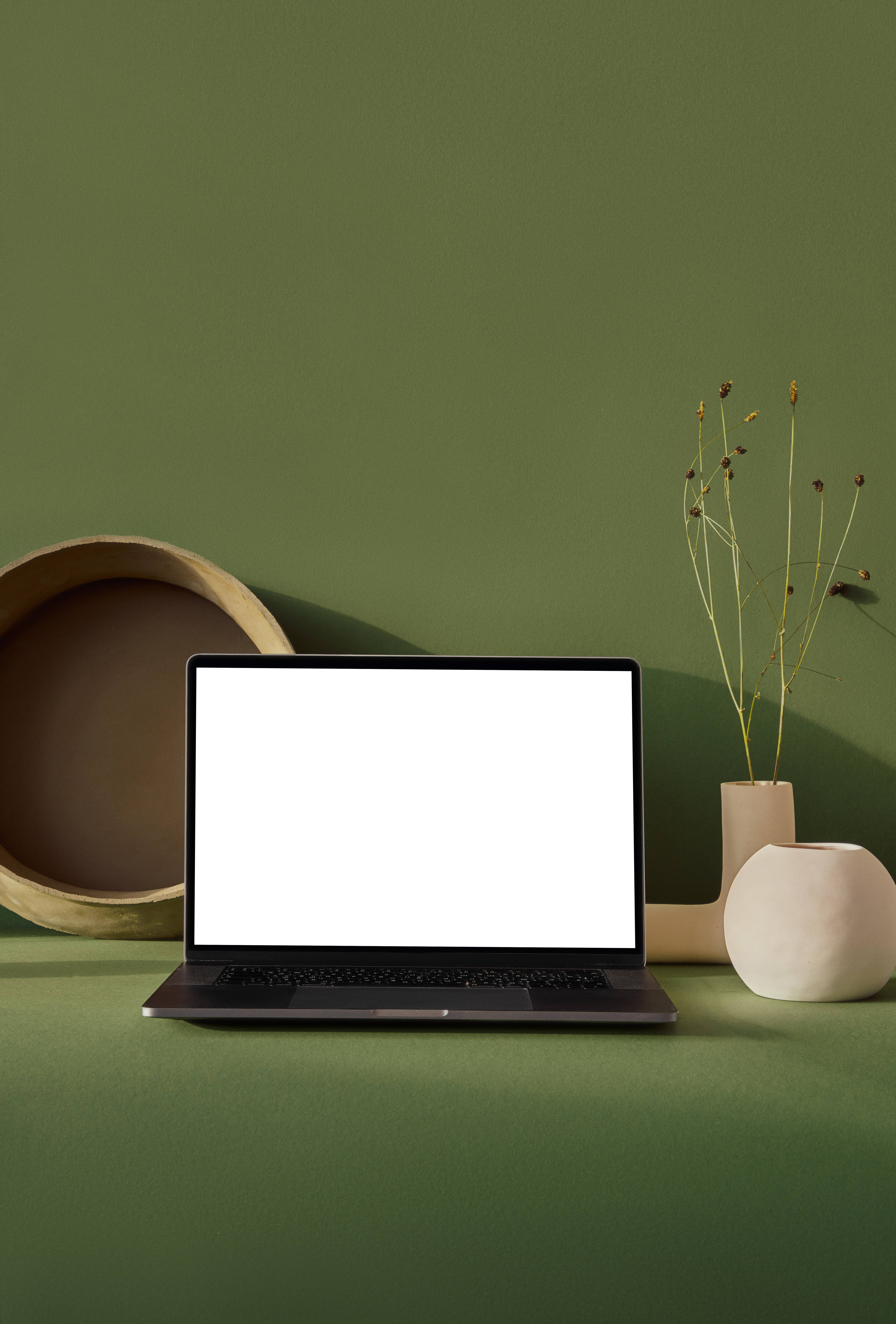 Aesthetic Tumblr Laptop, olive green, blank screen, 8K Phone Wallpaper
