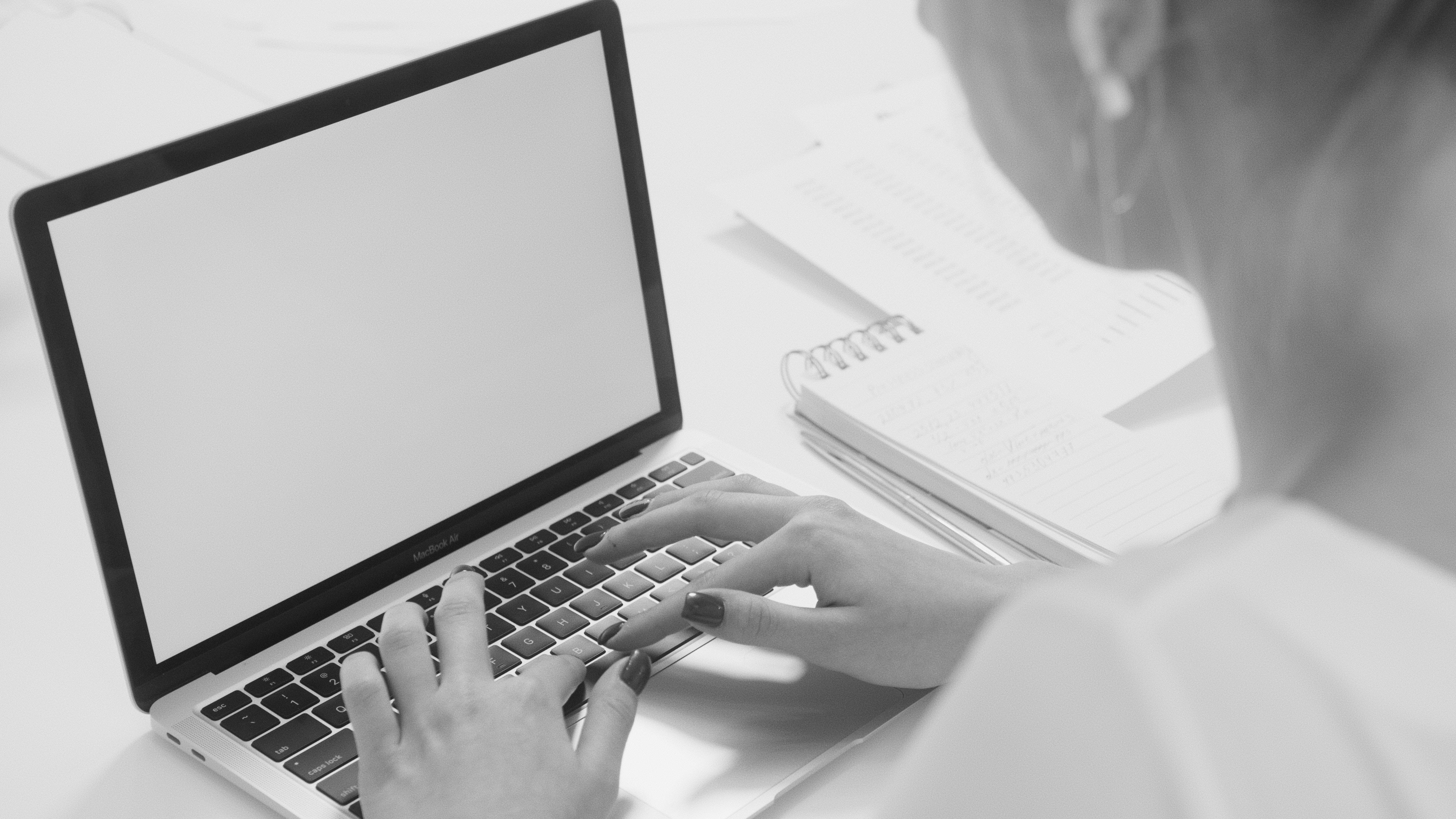 Aesthetic Tumblr Laptop, gray, black and white shot, 5K Desktop Wallpaper
